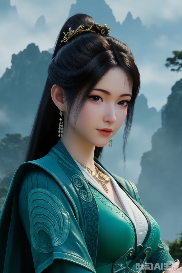 1girl

solo

long hair

black hair

hair ornament

dress

jewelry

ponytail

outdoors

sky

necklace


chinese clothes


green dress

mountain

mpl
