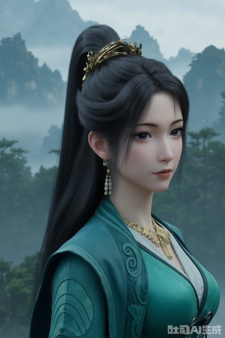 1girl

solo

long hair

black hair

hair ornament

dress

jewelry

ponytail

outdoors

sky

necklace


chinese clothes


green dress

mountain

mpl