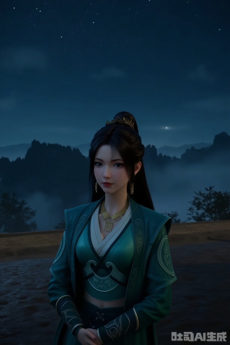 1girl

solo

long hair

black hair

hair ornament

dress

jewelry

ponytail

outdoors

sky

necklace

night

chinese clothes

night sky

green dress

mountain

mpl