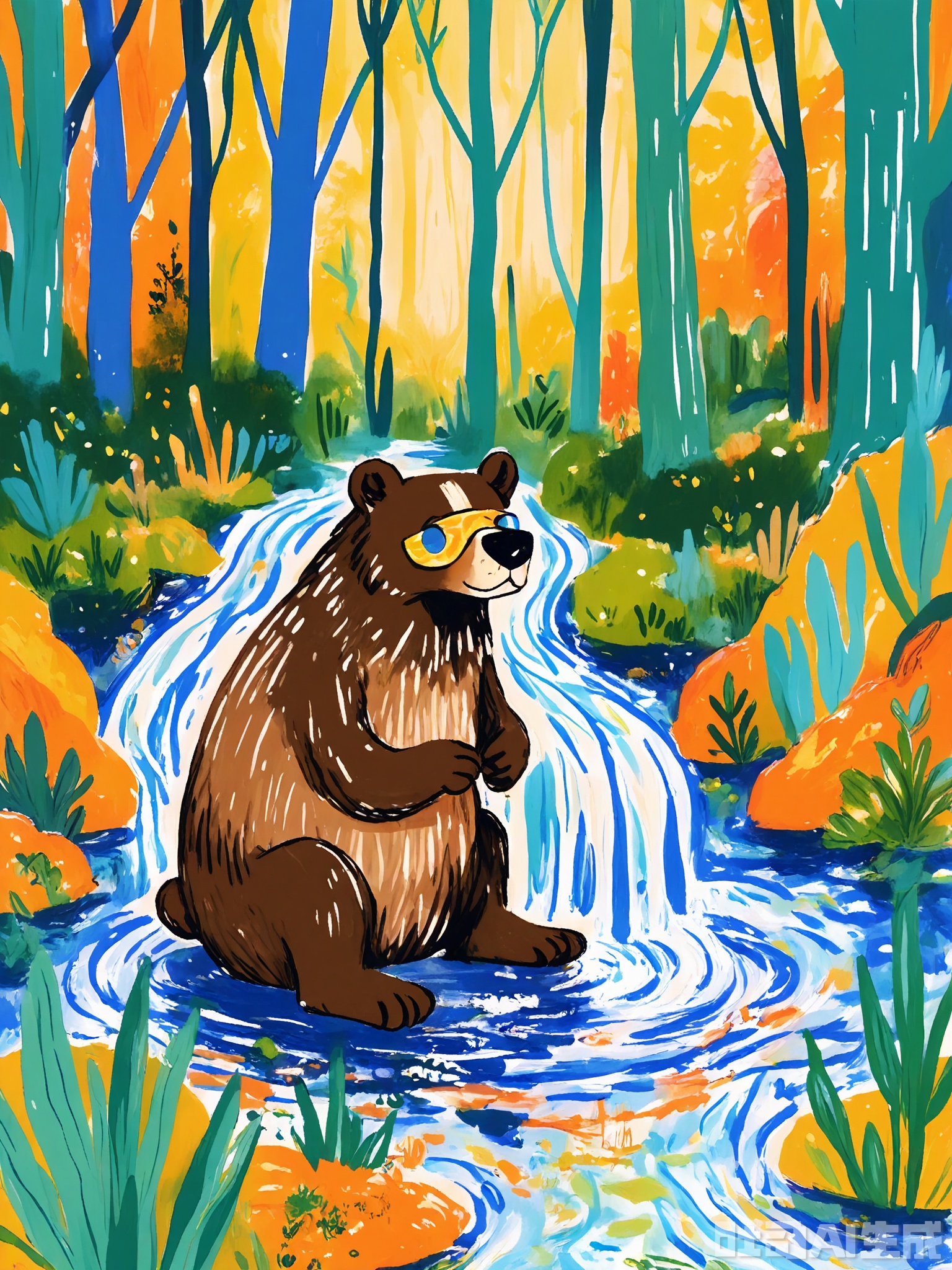 ZSCQ, A gentle brown bear with a soft fur coat and a kind face, sitting by a stream with abstract, flowing water in shades of blue and green. The background includes a forest with trees painted in purple and orange. The scene is peaceful and calming, illustrated in a soft, blended colored pencil technique with subtle shading.

