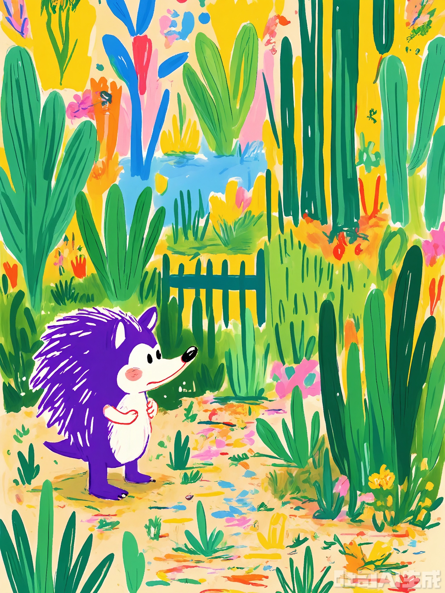 ZSCQ, A tiny purple hedgehog with spiky quills and a cute snout, exploring a garden filled with oversized, abstract flowers in bright yellow and green. The background includes a whimsical fence painted in blue and orange stripes. The scene is adventurous and lively, depicted in a vibrant, sketch-like colored pencil technique.

