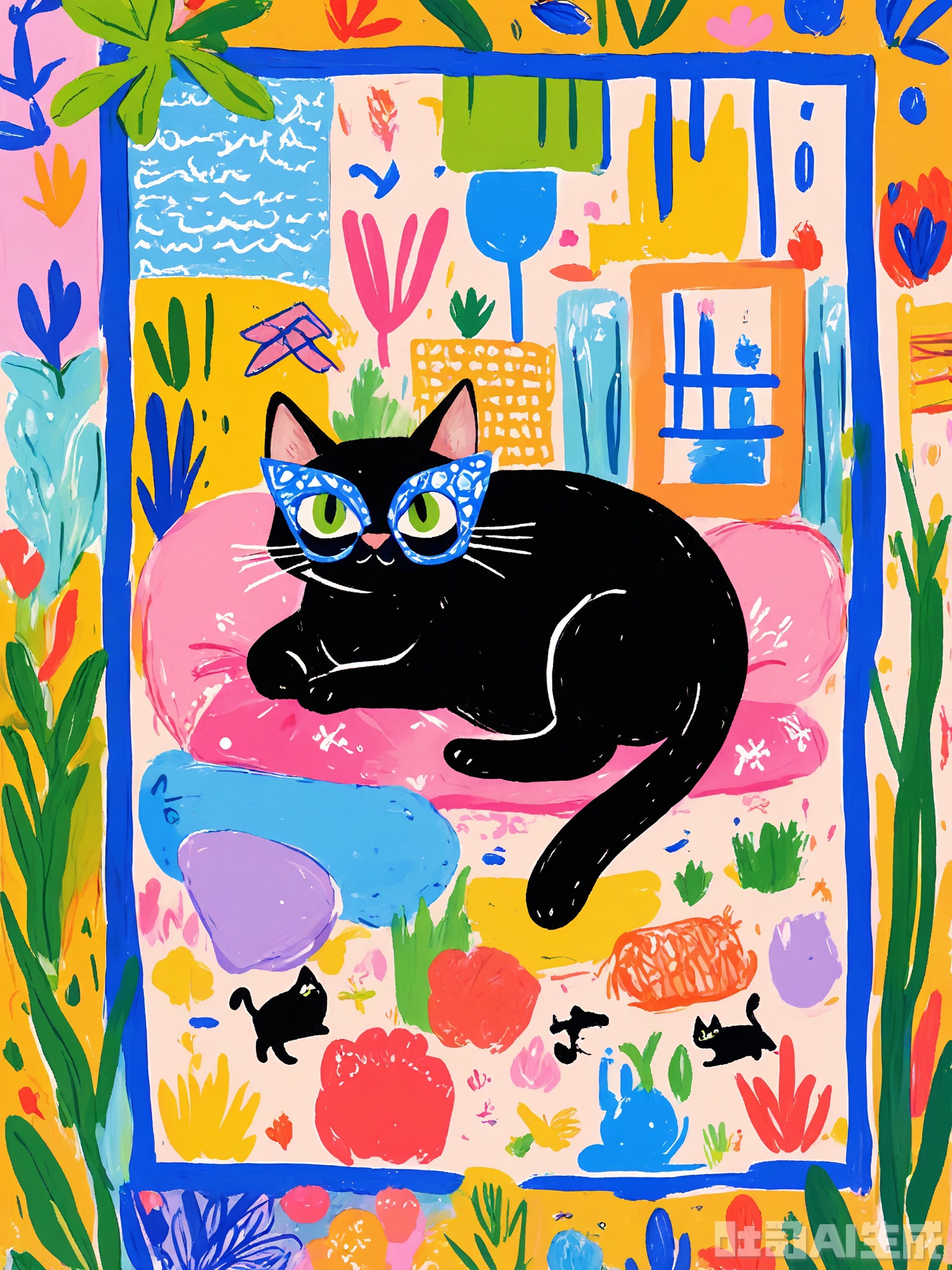 ZSCQ, A mischievous black cat with piercing green eyes and a sleek coat, lounging on a red cushion amidst a room filled with abstract, patterned wallpaper in shades of blue and purple. The background includes a whimsical window frame painted in orange and pink. The scene is cozy and playful, illustrated in a bold, expressive colored pencil manner.

