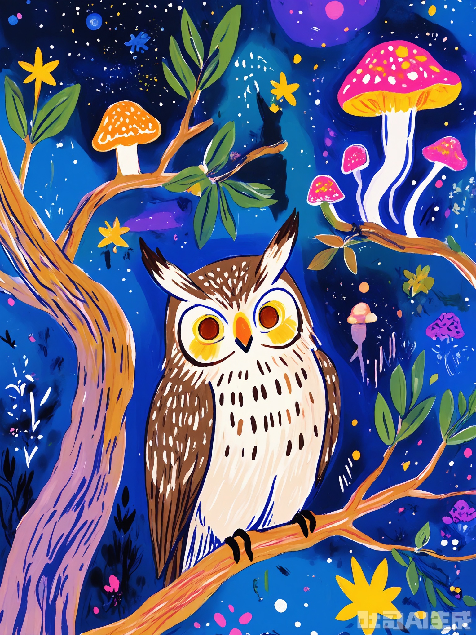 ZSCQ, A wise old owl with large, round eyes and feathered wings, perched on a branch in a mystical forest with abstract, glowing mushrooms in shades of purple and green. The backdrop features a starry night sky in blue and black. The scene is mysterious and captivating, rendered in a detailed, textured colored pencil manner.

