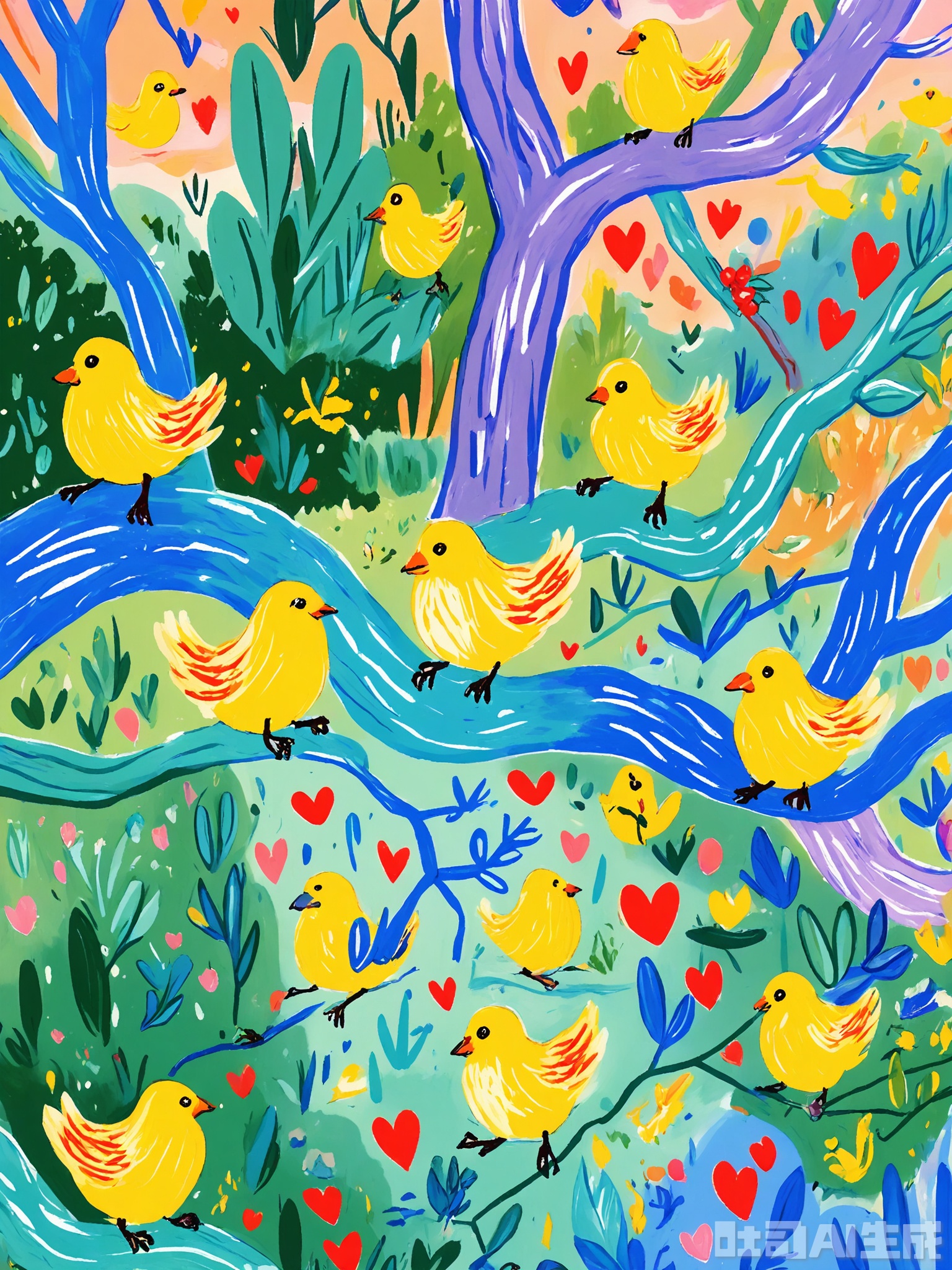 ZSCQ, A cheerful yellow bird with a bright orange beak and fluffy feathers, sitting on a blue branch adorned with red berries, in a lush forest filled with abstract, colorful foliage. The background features a purple and green sky with floating clouds shaped like hearts. The scene is lively and enchanting, depicted in a vibrant, doodle-like colored pencil technique.

