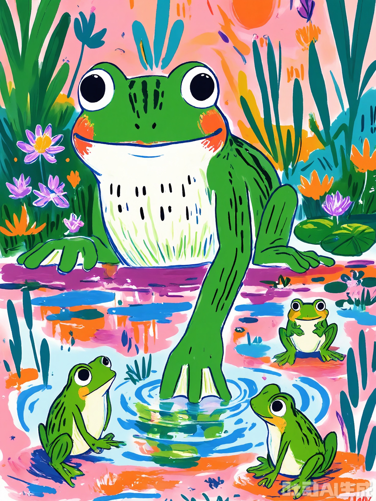 ZSCQ, A lively green frog with bulging eyes and webbed feet, perched on a purple lily pad, amidst a pond filled with vibrant, abstract water plants. The backdrop showcases a pink and orange sky with a whimsical rainbow arching over. The scene is bursting with energy and playfulness, rendered in a bold, graffiti-inspired colored pencil style.

