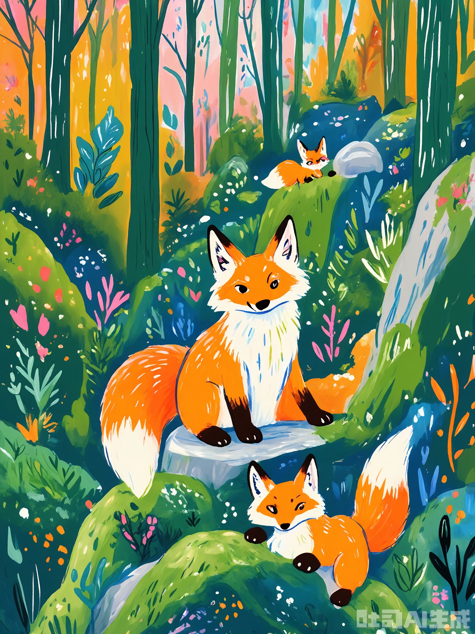 ZSCQ, A friendly orange fox with a fluffy tail and alert ears, sitting on a moss-covered rock amidst a forest with abstract, swirling trees in shades of pink and purple. The backdrop reveals a dappled sky in blue and white. The scene is enchanting and inviting, created with a soft, blended colored pencil style.

