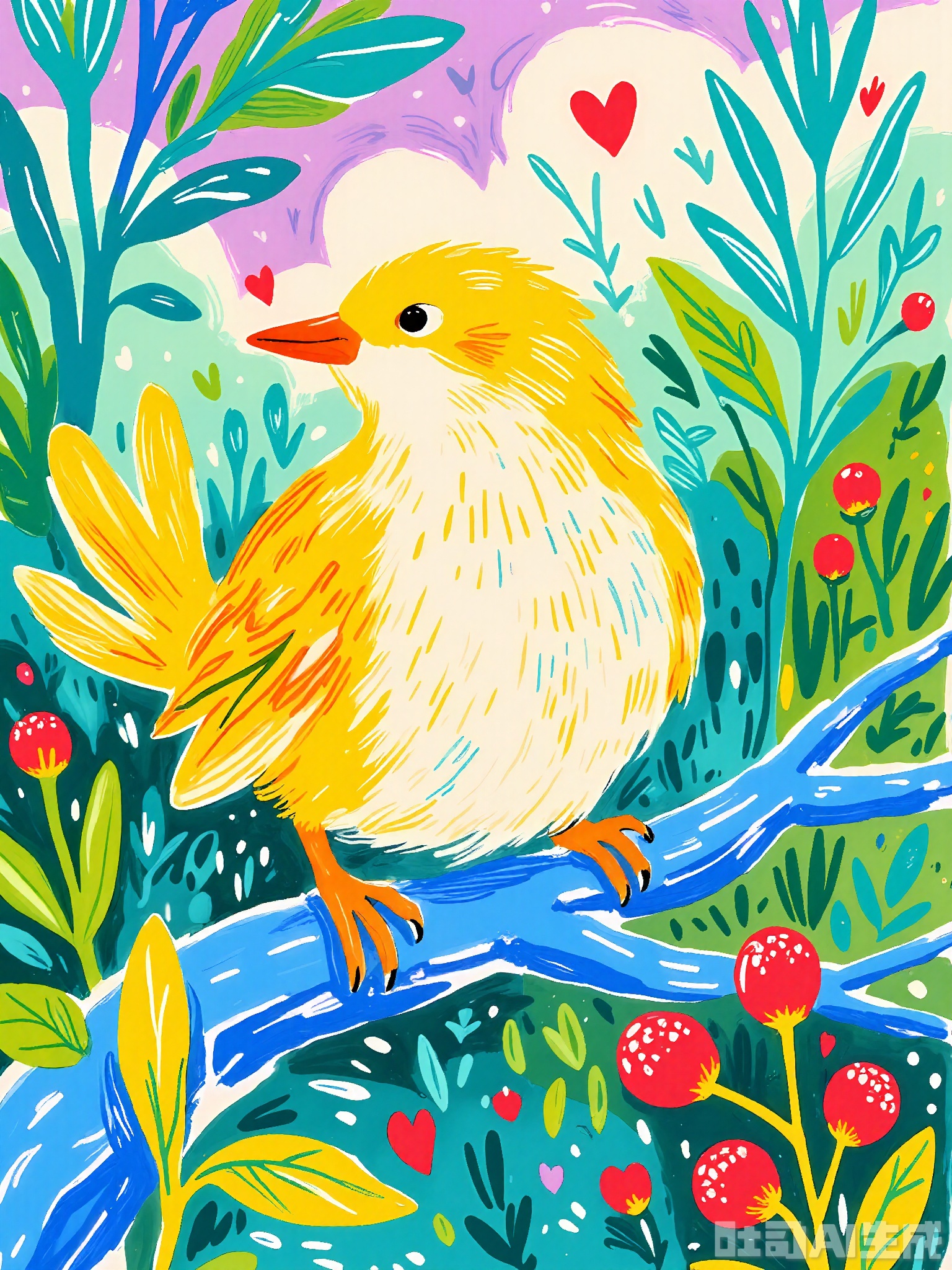 ZSCQ, A cheerful yellow bird with a bright orange beak and fluffy feathers, sitting on a blue branch adorned with red berries, in a lush forest filled with abstract, colorful foliage. The background features a purple and green sky with floating clouds shaped like hearts. The scene is lively and enchanting, depicted in a vibrant, doodle-like colored pencil technique.

