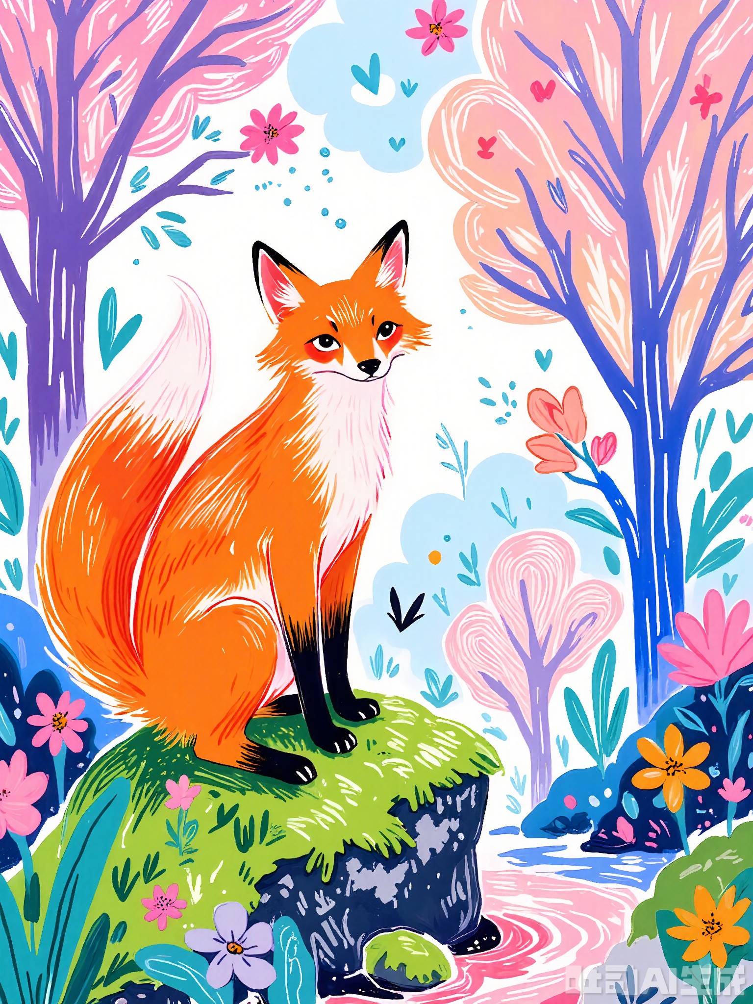 ZSCQ, A friendly orange fox with a fluffy tail and alert ears, sitting on a moss-covered rock amidst a forest with abstract, swirling trees in shades of pink and purple. The backdrop reveals a dappled sky in blue and white. The scene is enchanting and inviting, created with a soft, blended colored pencil style.
