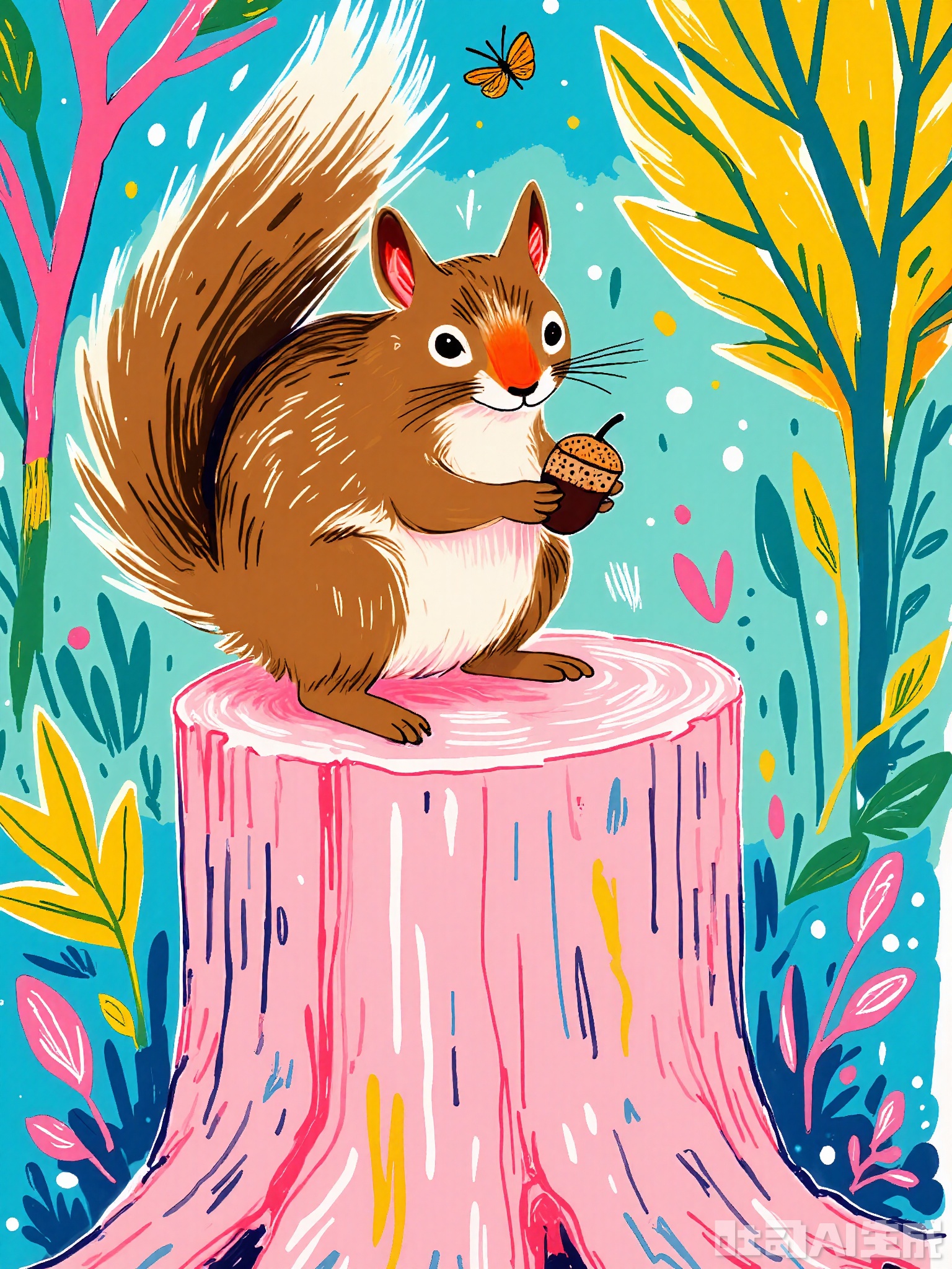 ZSCQ, A curious brown squirrel with a bushy tail and twitching whiskers, holding an acorn while standing on a pink tree stump, surrounded by abstract, multi-colored leaves. The backdrop reveals a turquoise and yellow sky with scattered stars. The scene is whimsical and charming, created with a dynamic, mixed-media colored pencil and marker style.
