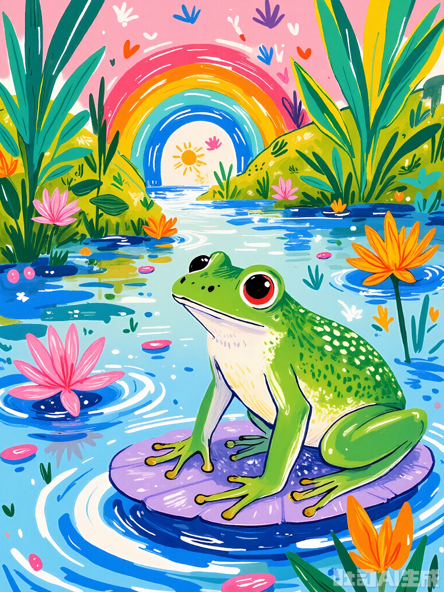ZSCQ, A lively green frog with bulging eyes and webbed feet, perched on a purple lily pad, amidst a pond filled with vibrant, abstract water plants. The backdrop showcases a pink and orange sky with a whimsical rainbow arching over. The scene is bursting with energy and playfulness, rendered in a bold, graffiti-inspired colored pencil style.
