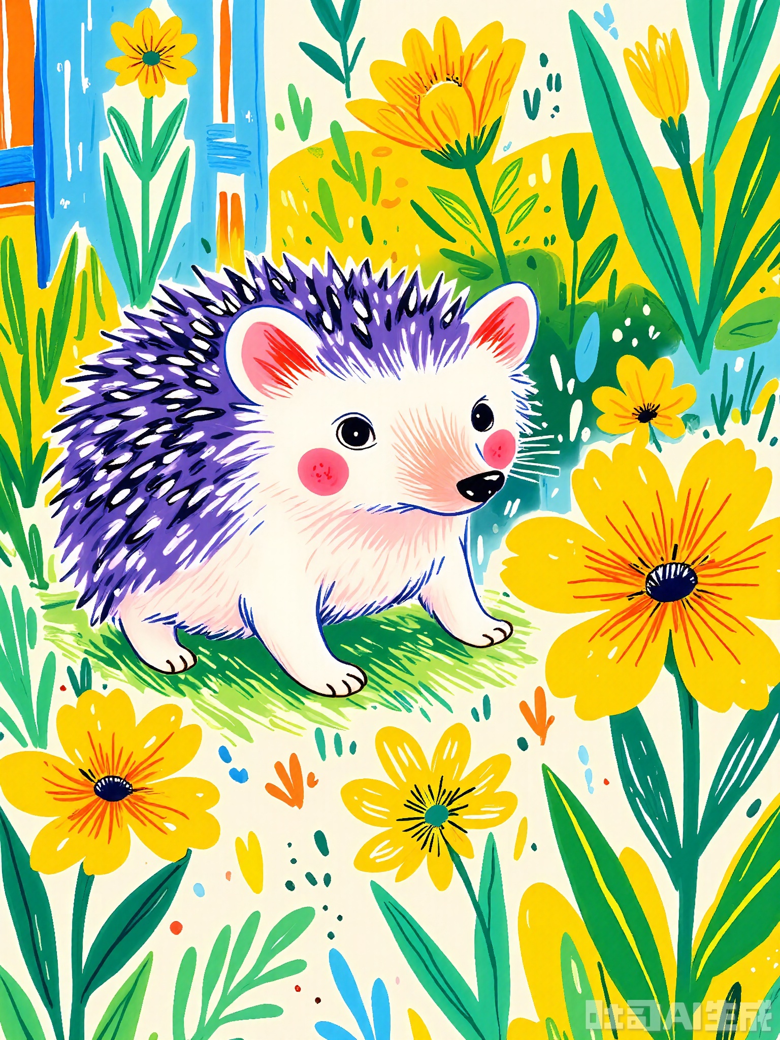 ZSCQ, A tiny purple hedgehog with spiky quills and a cute snout, exploring a garden filled with oversized, abstract flowers in bright yellow and green. The background includes a whimsical fence painted in blue and orange stripes. The scene is adventurous and lively, depicted in a vibrant, sketch-like colored pencil technique.
