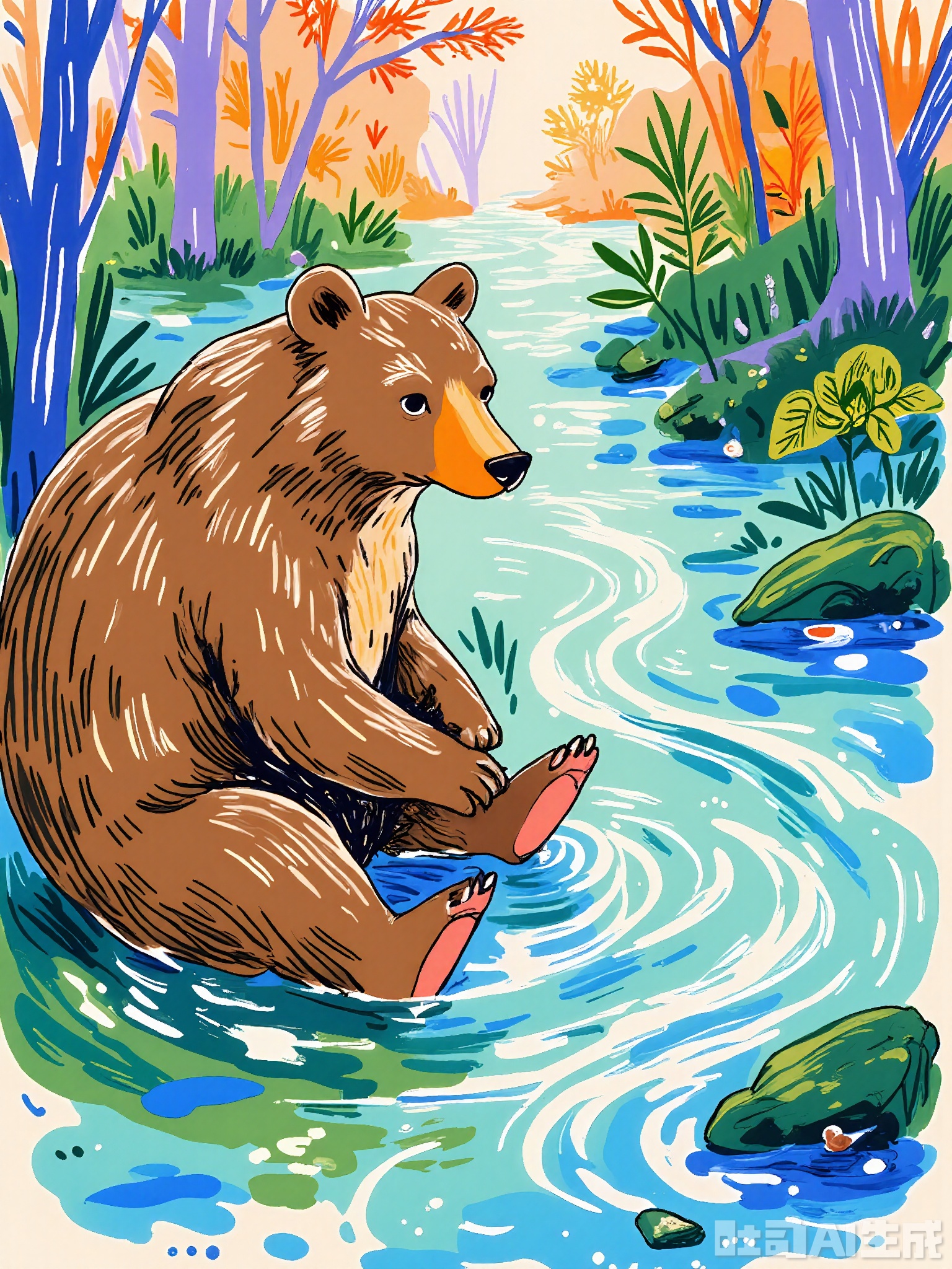 ZSCQ, A gentle brown bear with a soft fur coat and a kind face, sitting by a stream with abstract, flowing water in shades of blue and green. The background includes a forest with trees painted in purple and orange. The scene is peaceful and calming, illustrated in a soft, blended colored pencil technique with subtle shading.
