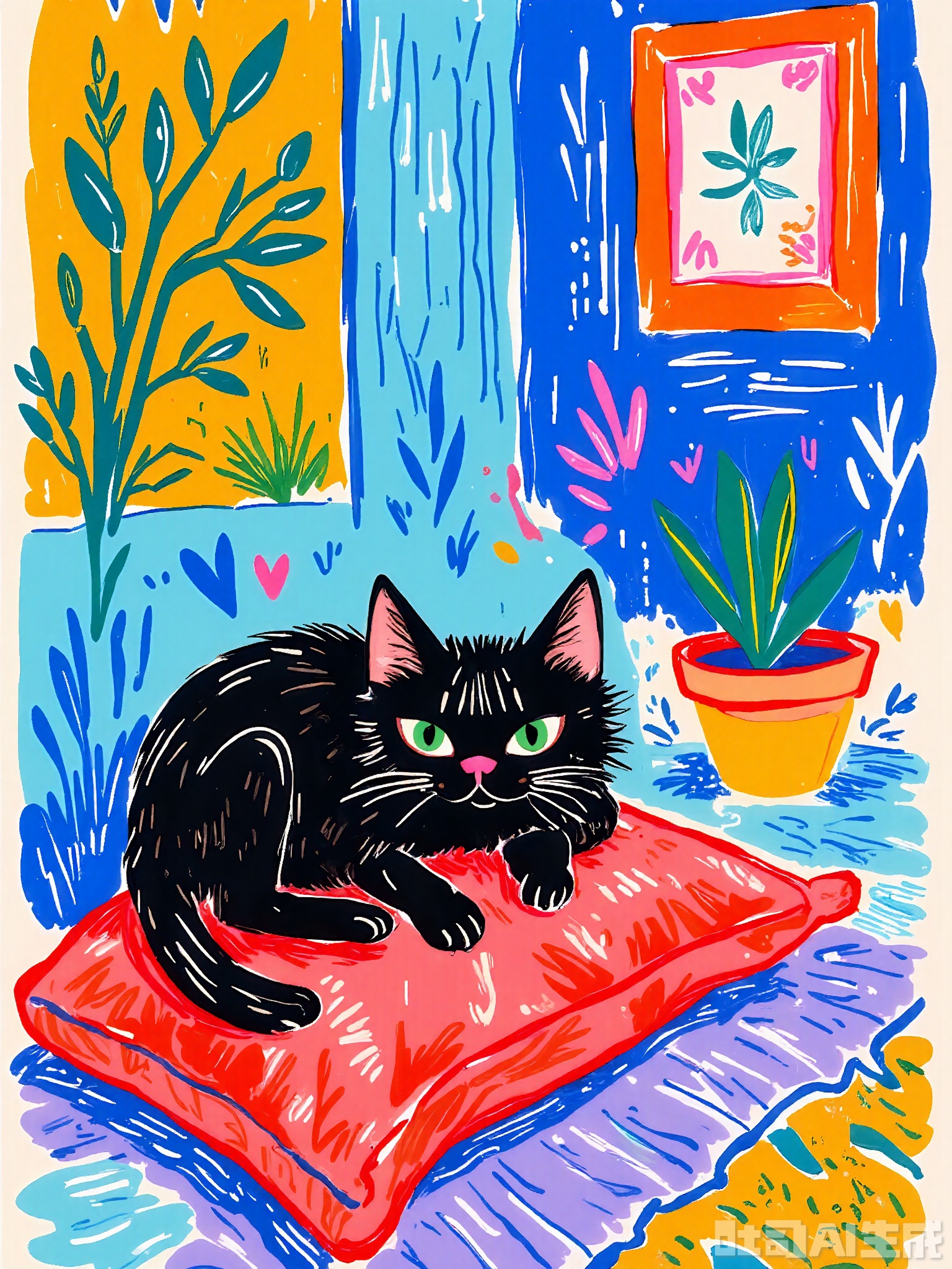 ZSCQ, A mischievous black cat with piercing green eyes and a sleek coat, lounging on a red cushion amidst a room filled with abstract, patterned wallpaper in shades of blue and purple. The background includes a whimsical window frame painted in orange and pink. The scene is cozy and playful, illustrated in a bold, expressive colored pencil manner.
