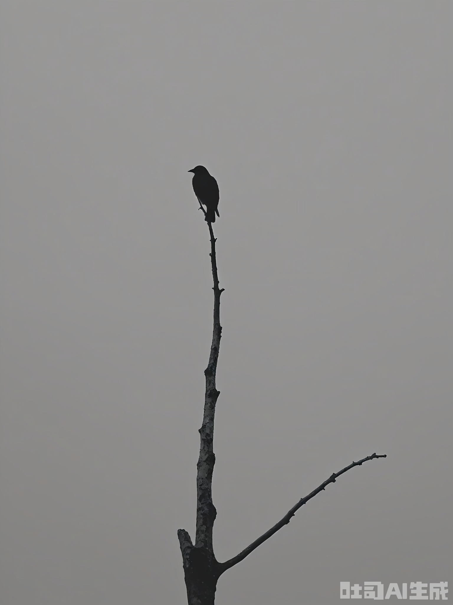 HBYS, A black and white image capturing a solitary bird perched on a slender, barren branch. The branch is bathed in a focused, white light, standing out against the surrounding gloom. The bird's feathers are ruffled, suggesting a gentle breeze, adding to the poignant stillness. The scene is minimalist, with a strong emphasis on texture and form through light and shadow.

