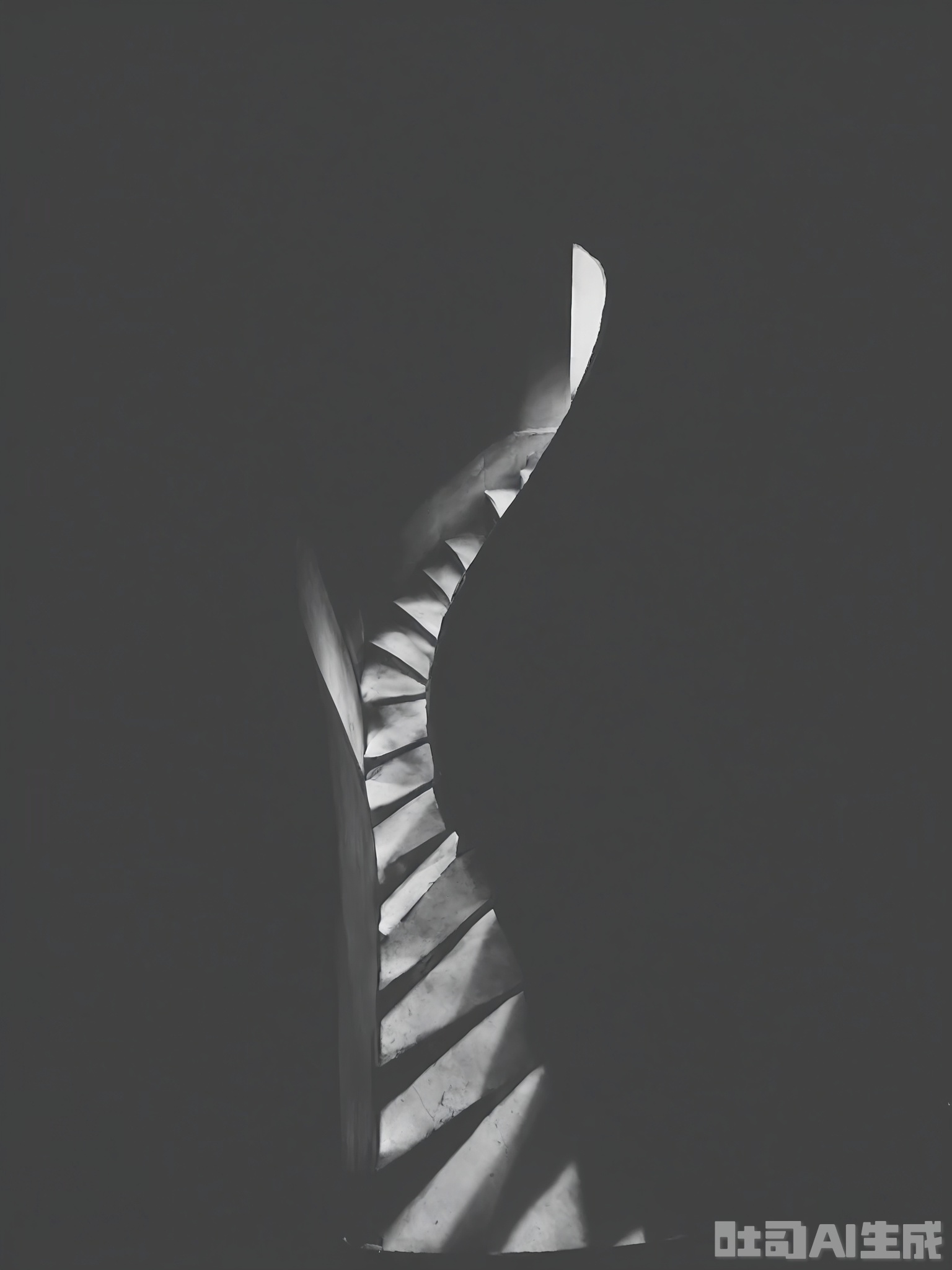HBYS, A black and white photograph of a lone figure walking up a steep, winding staircase. The staircase is illuminated by a series of small, strategically placed lights, creating a rhythmic pattern of light and shadow. The figure's steps are slow and deliberate, suggesting a journey of self-discovery. The image is dynamic, with a strong sense of movement and direction.

