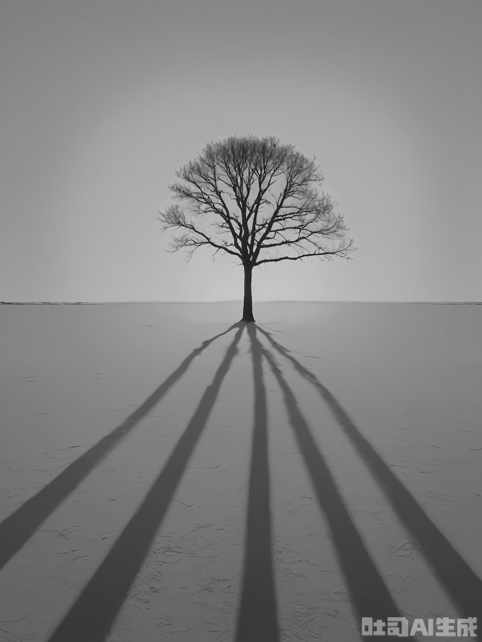 HBYS, A black and white photograph of a solitary tree standing in an open field. The tree is highlighted by a stark, angular light source, casting dramatic shadows across the ground. The branches are bare, suggesting a winter scene, with a sense of resilience and endurance. The image is minimalist, focusing on the interplay of light, shadow, and form.

