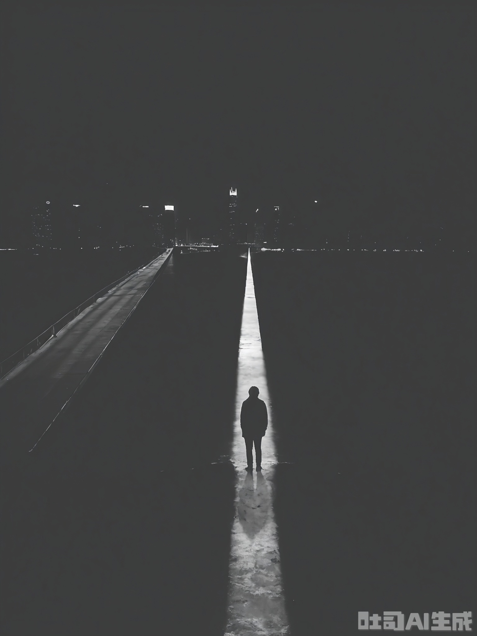 HBYS, A black and white photograph of a lone figure standing on a bridge, looking down at a river below. The figure is silhouetted against the light from the city skyline in the distance, creating a stark contrast with the dark water. The river is calm, reflecting the lights from the buildings and adding to the sense of tranquility. The image is urban and reflective, with a focus on the interplay of light, shadow, and perspective.

