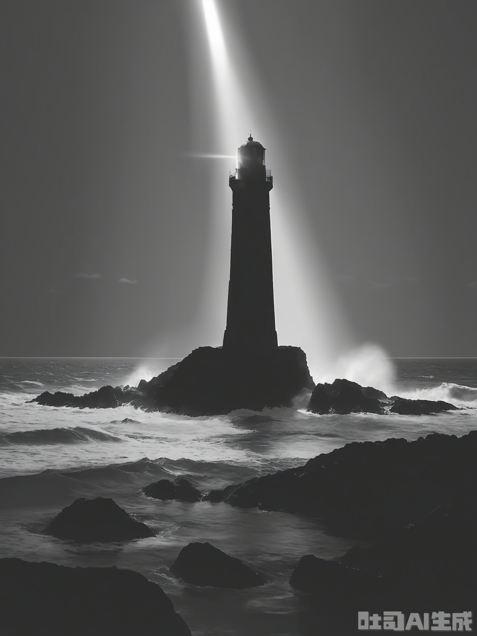 HBYS, A black and white photograph of a solitary lighthouse standing on a rocky coastline. The lighthouse is illuminated by its own powerful beam, cutting through the darkness and reaching out to sea. The surrounding landscape is rugged and desolate, with waves crashing against the rocks. The image is dramatic and awe-inspiring, with a strong sense of scale and isolation.