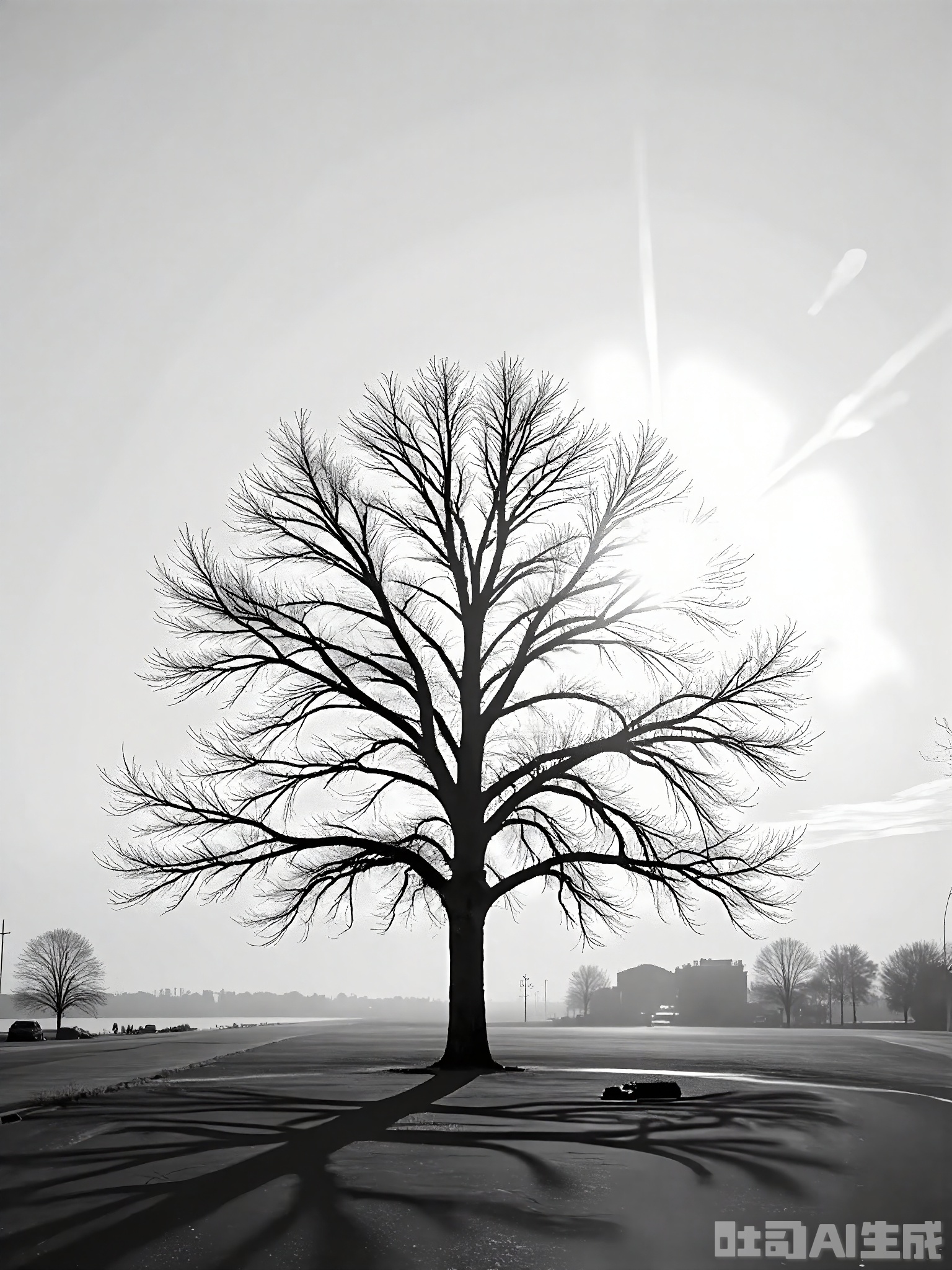 HBYS, A black and white photograph of a solitary tree standing in an open field. The tree is highlighted by a stark, angular light source, casting dramatic shadows across the ground. The branches are bare, suggesting a winter scene, with a sense of resilience and endurance. The image is minimalist, focusing on the interplay of light, shadow, and form.
