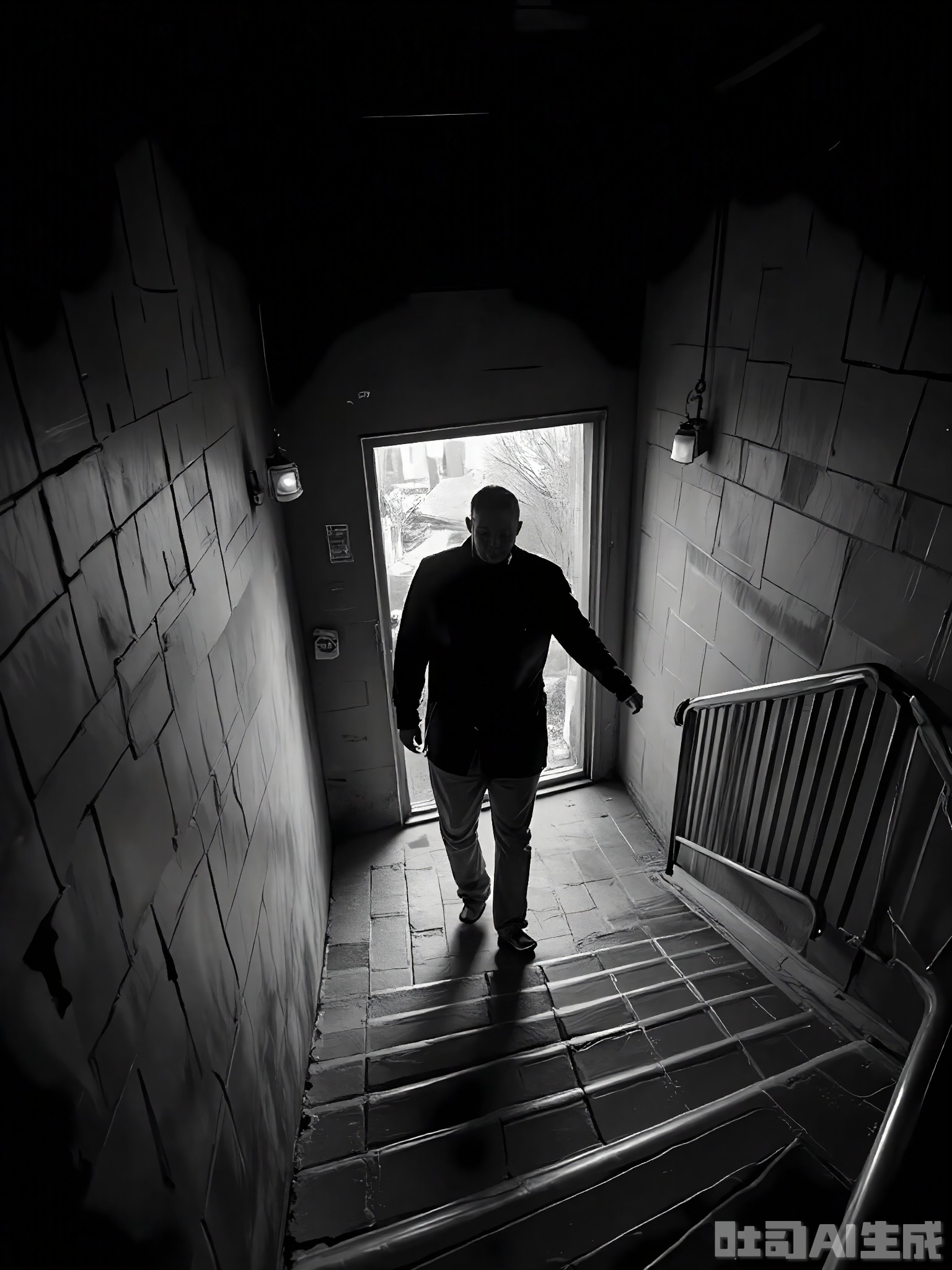 HBYS, A black and white photograph of a lone figure walking up a steep, winding staircase. The staircase is illuminated by a series of small, strategically placed lights, creating a rhythmic pattern of light and shadow. The figure's steps are slow and deliberate, suggesting a journey of self-discovery. The image is dynamic, with a strong sense of movement and direction.
