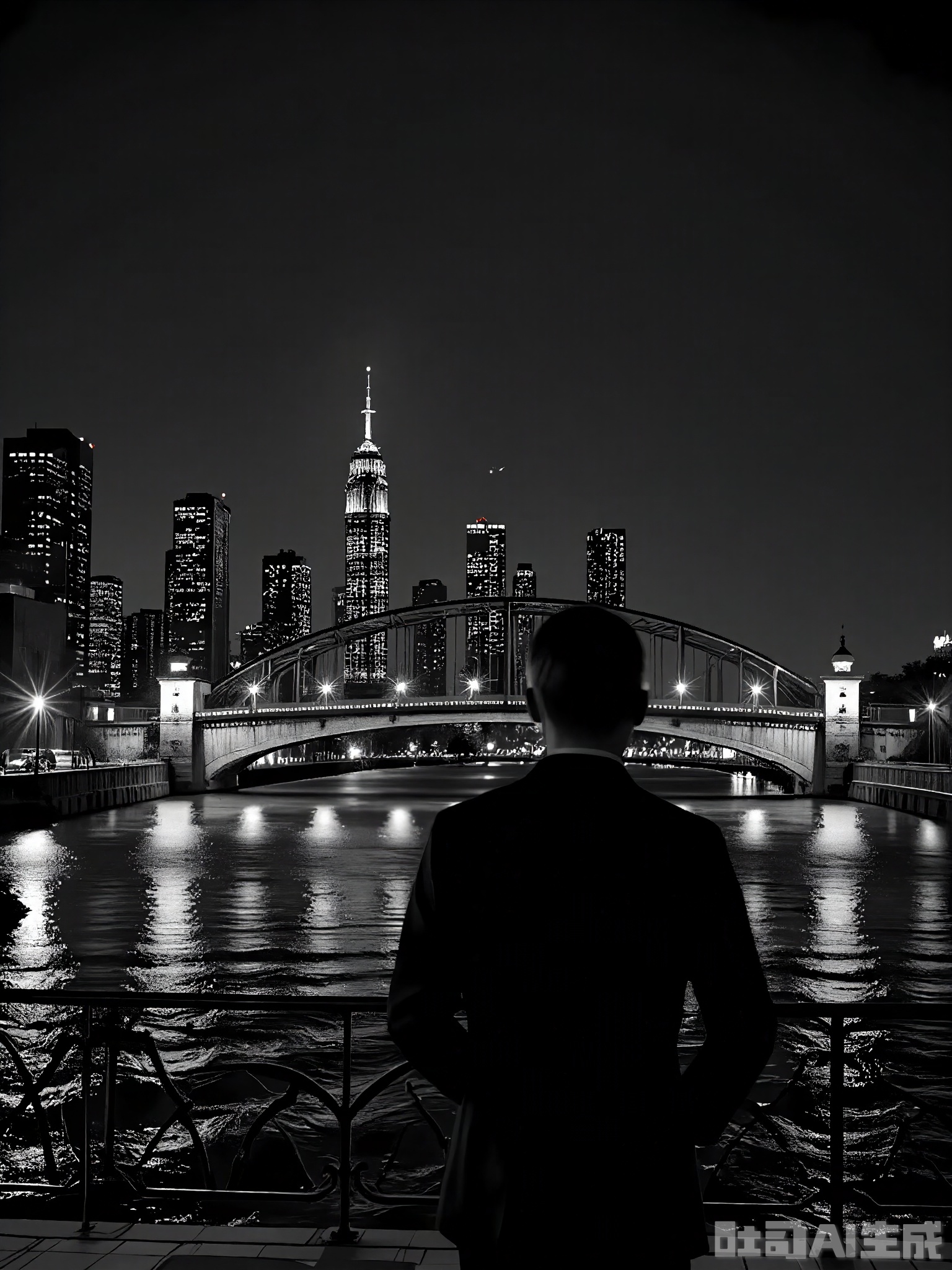 HBYS, A black and white photograph of a lone figure standing on a bridge, looking down at a river below. The figure is silhouetted against the light from the city skyline in the distance, creating a stark contrast with the dark water. The river is calm, reflecting the lights from the buildings and adding to the sense of tranquility. The image is urban and reflective, with a focus on the interplay of light, shadow, and perspective.
