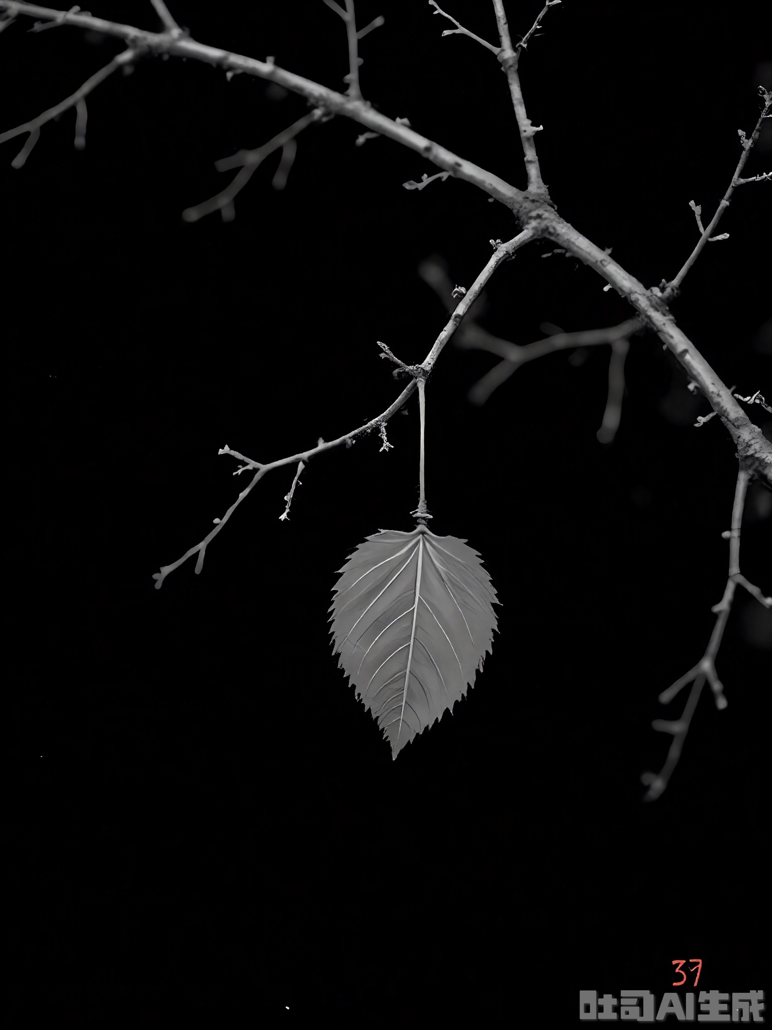 HBYS, A black and white image featuring a single leaf hanging from a bare branch. The leaf is highlighted by a soft, diffused light, creating a delicate contrast with the dark background. The branch is slightly curved, suggesting a gentle breeze, adding to the sense of fragility and transience. The scene is minimalist and poetic, with a focus on the beauty of simplicity.
