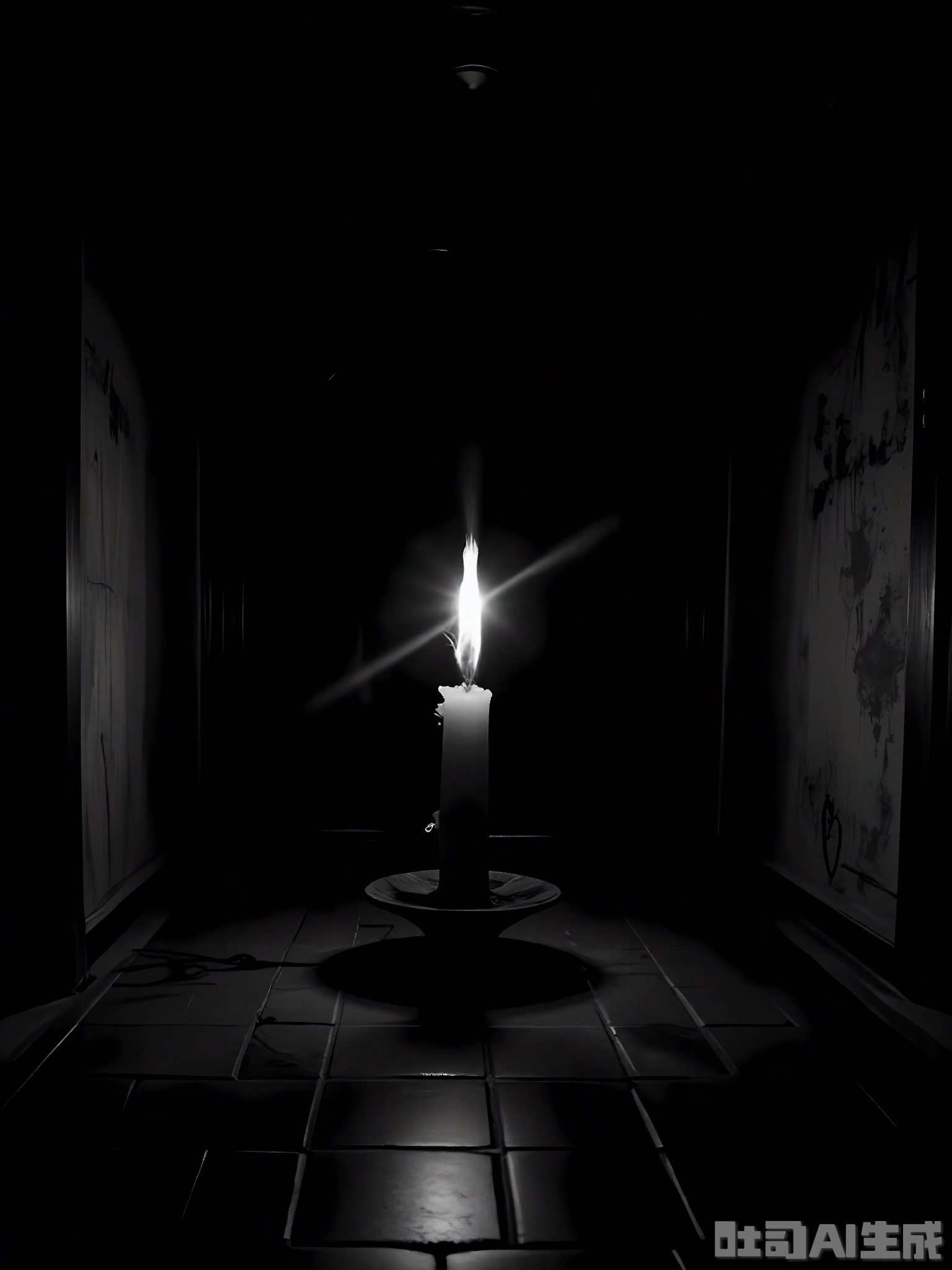 HBYS, A black and white image capturing a single candle flame flickering in a dark room. The flame casts a warm glow on the surrounding walls, creating intricate patterns of light and shadow. The room is otherwise empty, emphasizing the solitude and quiet contemplation. The scene is intimate and meditative, with a focus on the delicate balance of light and darkness.
