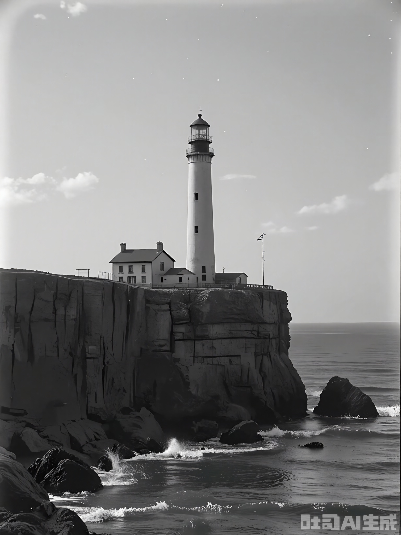 HBYS, A black and white photograph of a solitary lighthouse standing on a rocky coastline. The lighthouse is illuminated by its own powerful beam, cutting through the darkness and reaching out to sea. The surrounding landscape is rugged and desolate, with waves crashing against the rocks. The image is dramatic and awe-inspiring, with a strong sense of scale and isolation.
