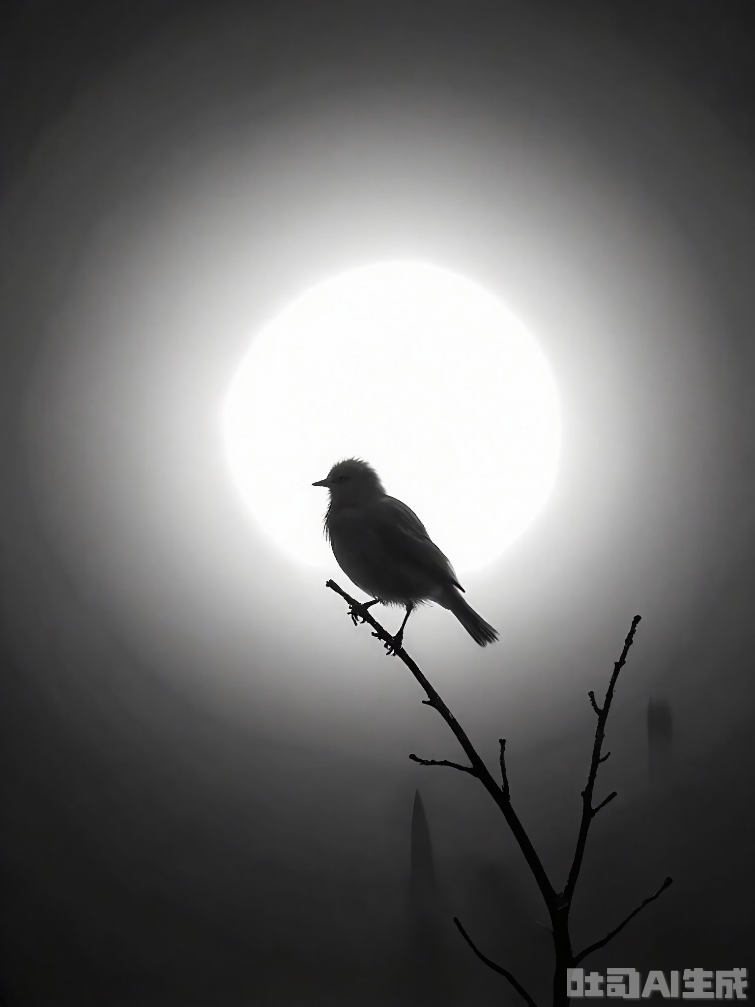 HBYS, A black and white image capturing a solitary bird perched on a slender, barren branch. The branch is bathed in a focused, white light, standing out against the surrounding gloom. The bird's feathers are ruffled, suggesting a gentle breeze, adding to the poignant stillness. The scene is minimalist, with a strong emphasis on texture and form through light and shadow.
