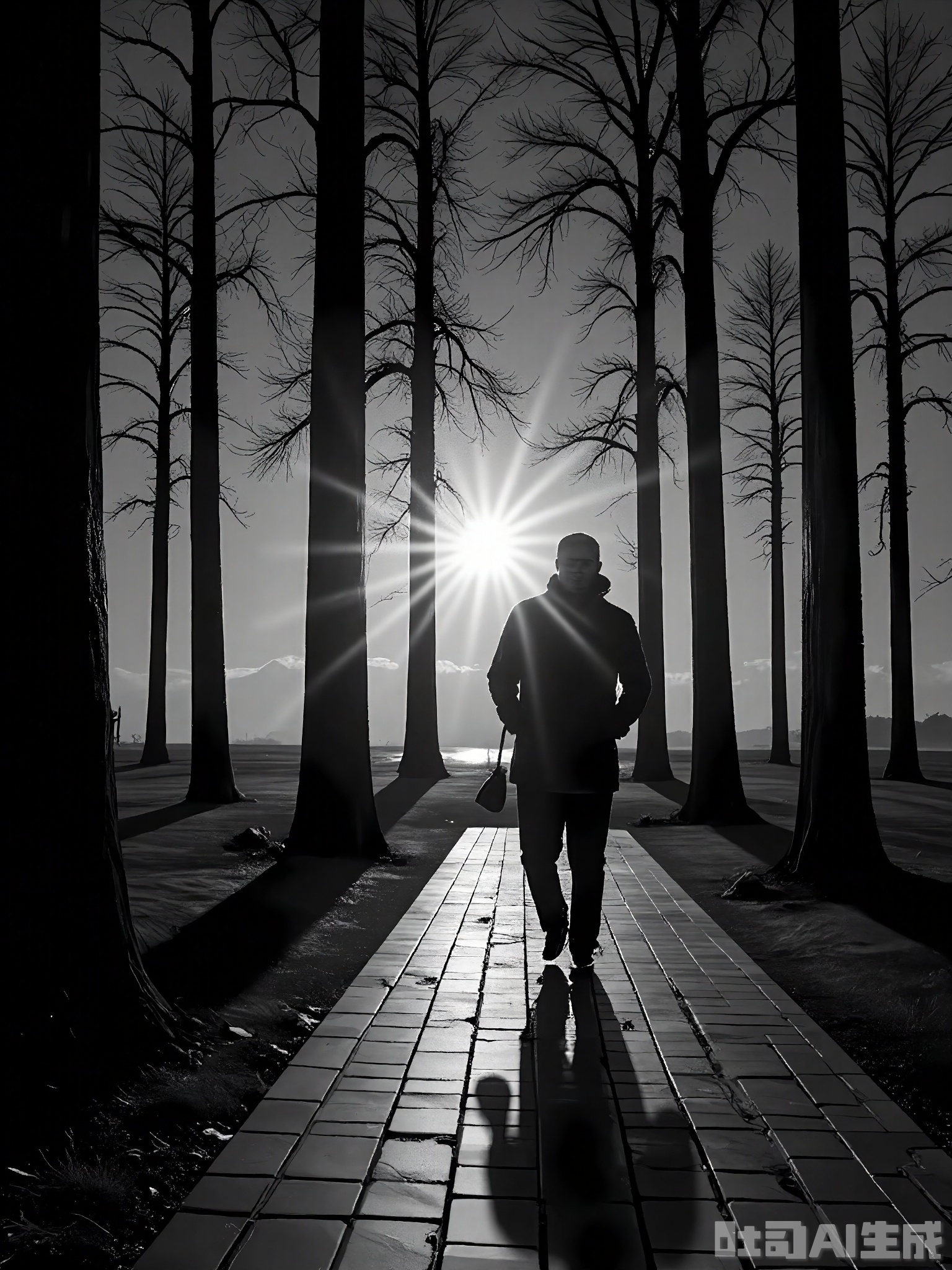 HBYS, A black and white image featuring a lone figure walking through a forest at dusk. The figure is silhouetted against the fading light, with trees casting long shadows on the ground. The forest is dense and quiet, with a sense of mystery and anticipation. The scene is evocative and atmospheric, with a focus on the interplay of light, shadow, and nature.
