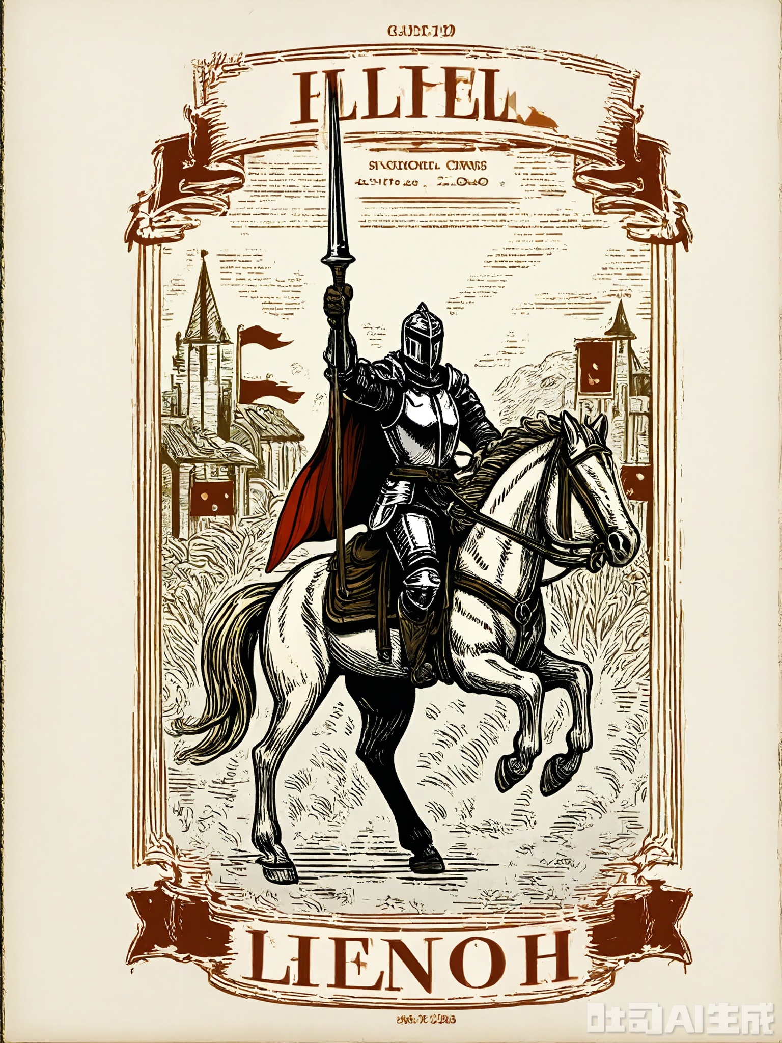 BSCT, Vintage illustration of a knight on horseback, clad in shining armor and a flowing cape, wielding a lance. The knight is shown in a charging pose, galloping through a medieval battlefield. The background features a stylized castle and banners fluttering in the wind. The style echoes classic heraldic illustrations, with detailed line work and bold contrasts.
