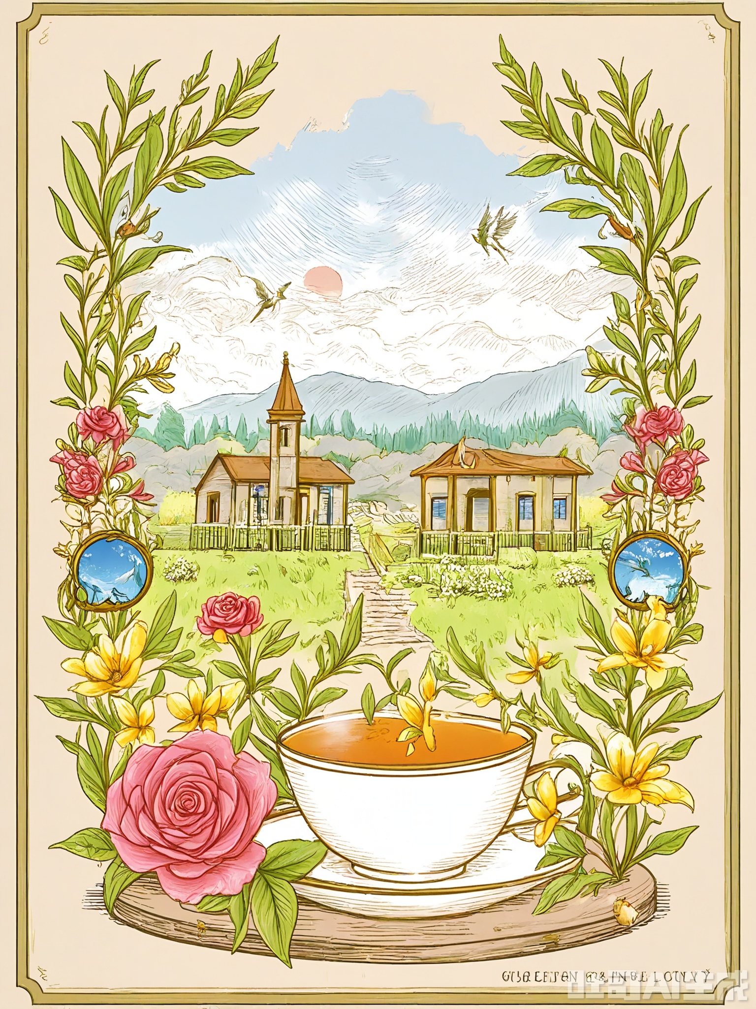 BSCT, A detailed, colorful print illustration featuring a porcelain teacup labeled "Afternoon Delight" in the spotlight, surrounded by a selection of tea leaves and a slice of lemon on a lace doily. The background depicts a sunlit garden with blooming roses, a birdhouse, and a stone bench. The style mirrors classic tea party illustrations, with fine details and soft colors. The overall atmosphere is elegant and relaxing, blending the ritual of tea with garden serenity.
