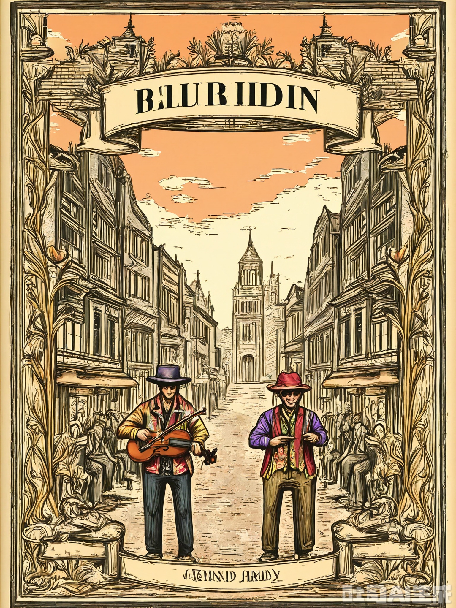BSCT, Vintage illustration of a street musician playing a violin on a bustling corner, dressed in a colorful outfit and a hat, with a open case for tips. The musician is depicted with passion, lost in the melody amidst a crowd of onlookers. The background features a stylized cityscape and twinkling lights. The style is reminiscent of old urban posters, with lively line work and vibrant hues.
