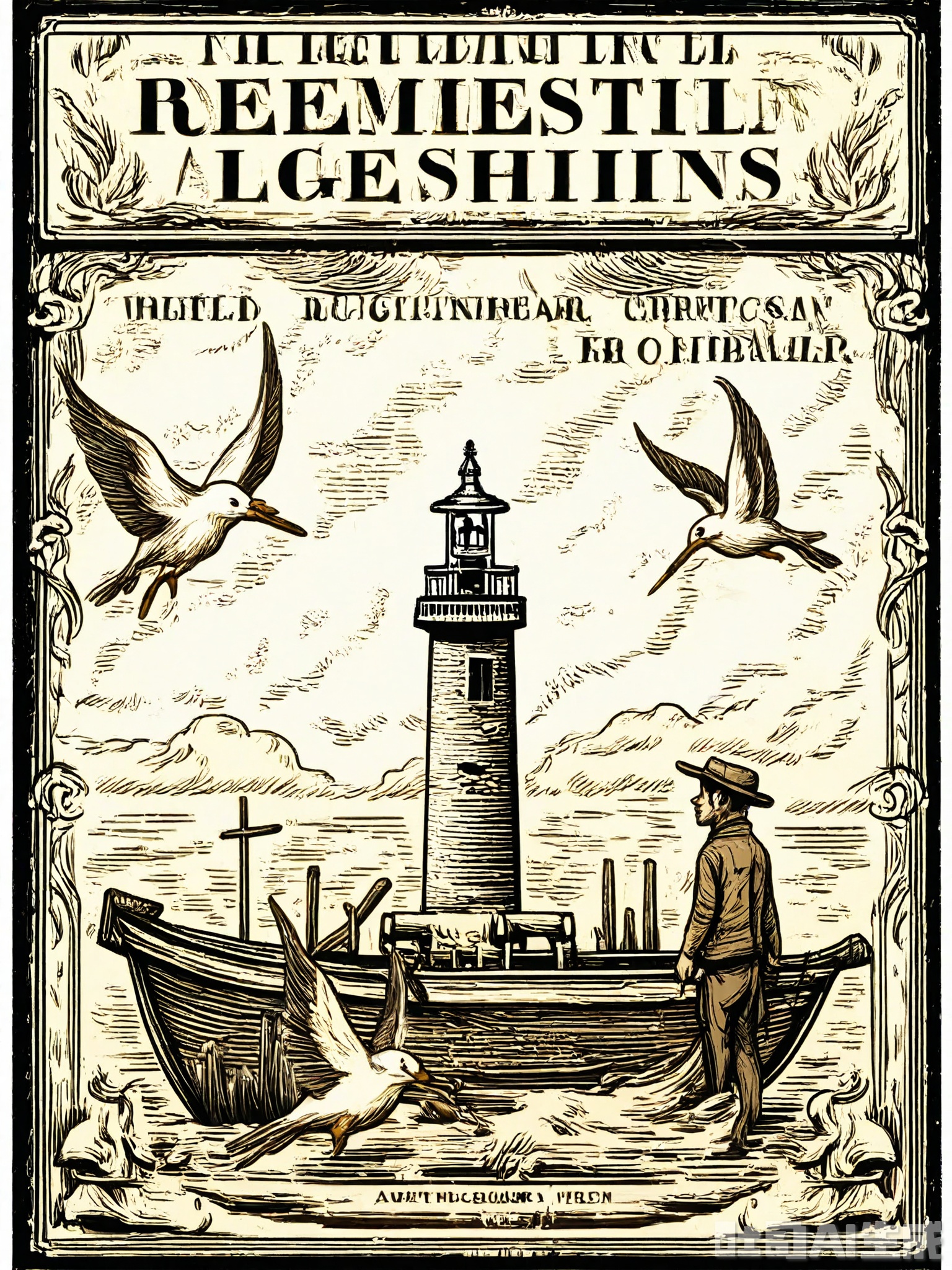 BSCT, Vintage illustration of a fisherman casting his line from a weathered boat, dressed in oilskins and a sou'wester hat, surrounded by seagulls. The fisherman is shown in a focused stance, amidst a choppy sea. The background features a stylized lighthouse and a dramatic sky. The style mirrors classic maritime illustrations, with intricate details and nautical motifs.
