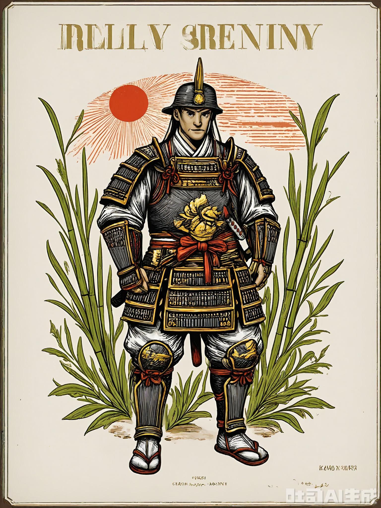 BSCT, Vintage illustration of a samurai warrior in a combat stance, dressed in traditional armor and a sash, brandishing a katana. The samurai is depicted with intense focus, ready for battle in a serene bamboo grove. The background features a stylized rising sun and gently swaying bamboo. The style is reminiscent of old Japanese woodblock prints, with precise line work and harmonious colors.
