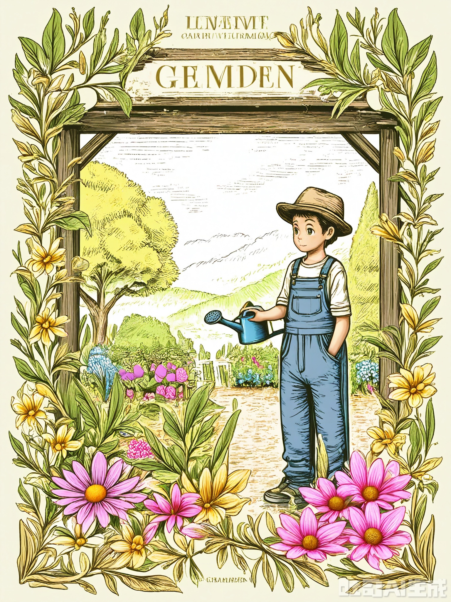 BSCT, Vintage illustration of a gardener tending to a vibrant flower bed, wearing a wide-brimmed hat and overalls, holding a watering can. The gardener is shown with a gentle touch, surrounded by blooming flowers and buzzing bees. The background features a stylized garden gate and a sunny sky. The style mirrors classic horticultural illustrations, with intricate details and lively colors.
