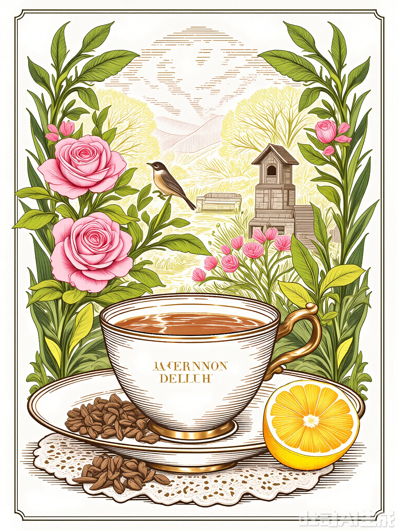 BSCT, A detailed, colorful print illustration featuring a porcelain teacup labeled "Afternoon Delight" in the spotlight, surrounded by a selection of tea leaves and a slice of lemon on a lace doily. The background depicts a sunlit garden with blooming roses, a birdhouse, and a stone bench. The style mirrors classic tea party illustrations, with fine details and soft colors. The overall atmosphere is elegant and relaxing, blending the ritual of tea with garden serenity.
