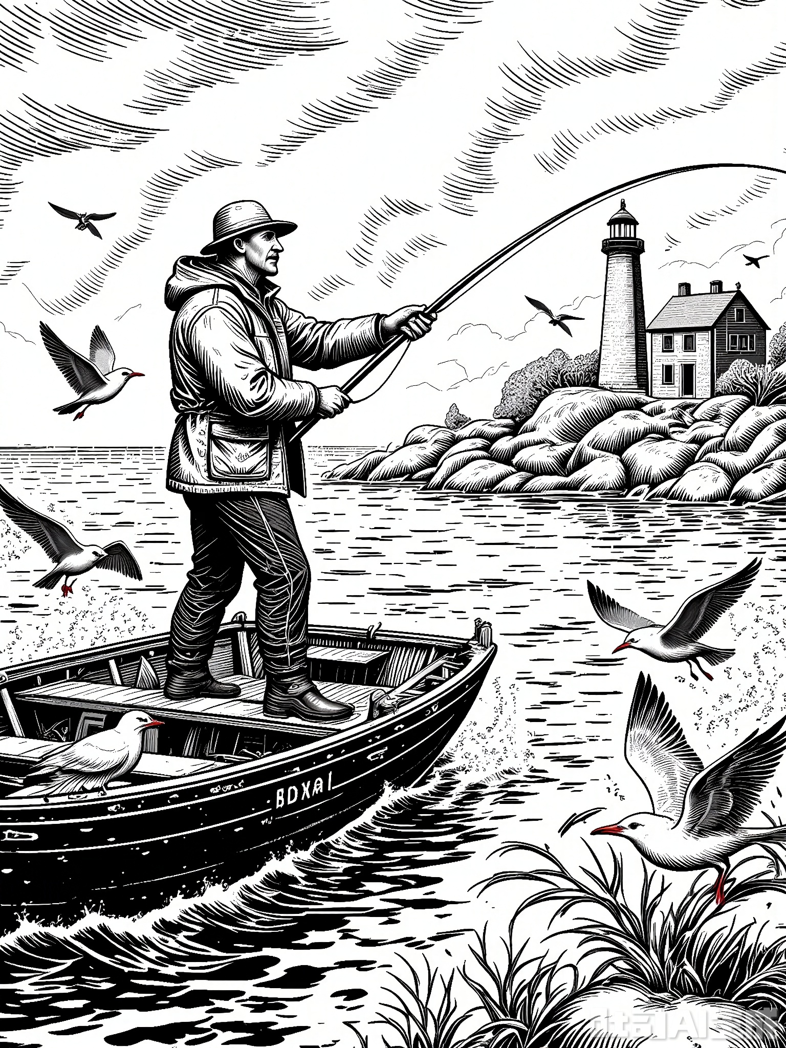 BSCT, Vintage illustration of a fisherman casting his line from a weathered boat, dressed in oilskins and a sou'wester hat, surrounded by seagulls. The fisherman is shown in a focused stance, amidst a choppy sea. The background features a stylized lighthouse and a dramatic sky. The style mirrors classic maritime illustrations, with intricate details and nautical motifs.
