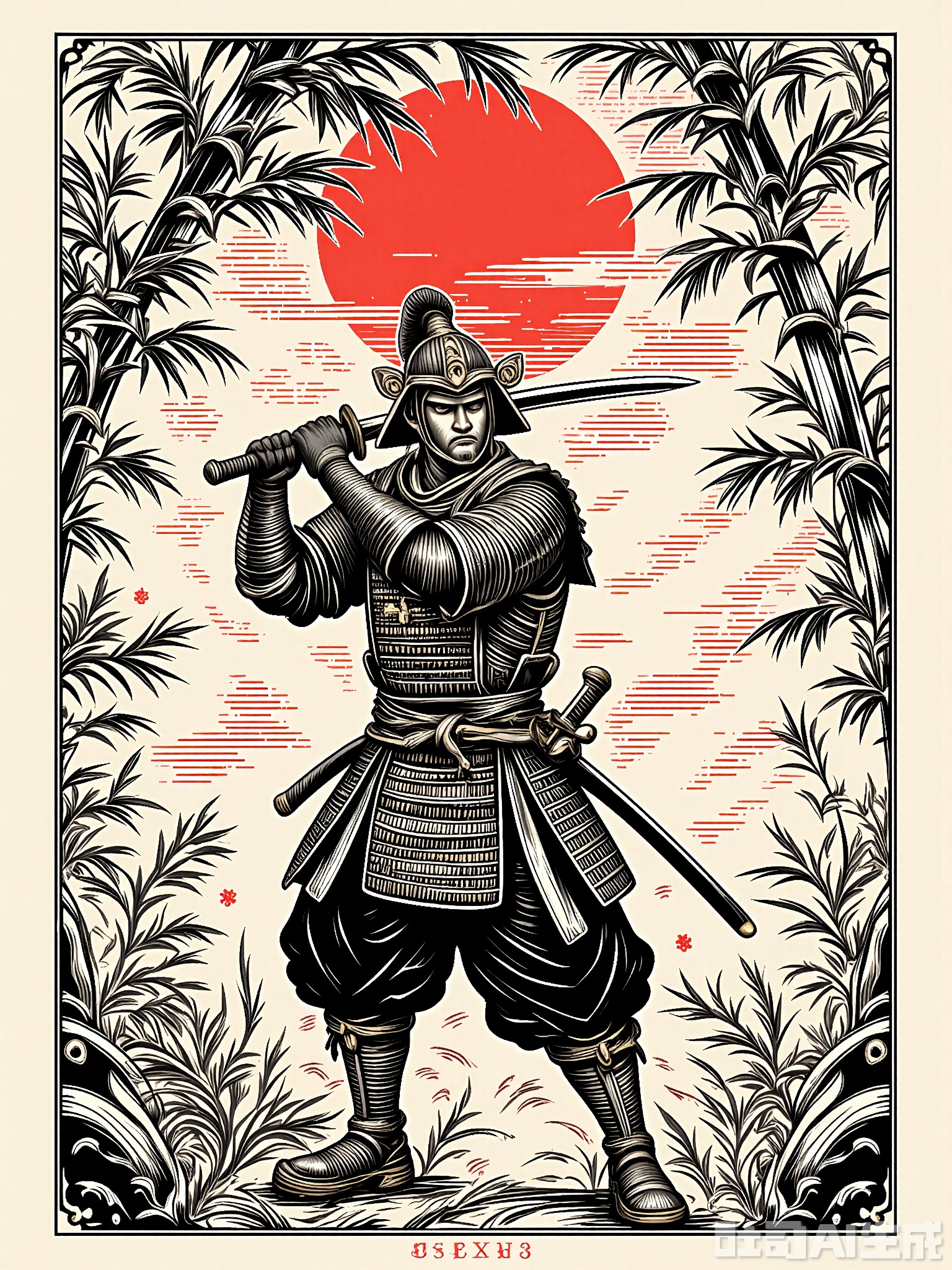 BSCT, Vintage illustration of a samurai warrior in a combat stance, dressed in traditional armor and a sash, brandishing a katana. The samurai is depicted with intense focus, ready for battle in a serene bamboo grove. The background features a stylized rising sun and gently swaying bamboo. The style is reminiscent of old Japanese woodblock prints, with precise line work and harmonious colors.
