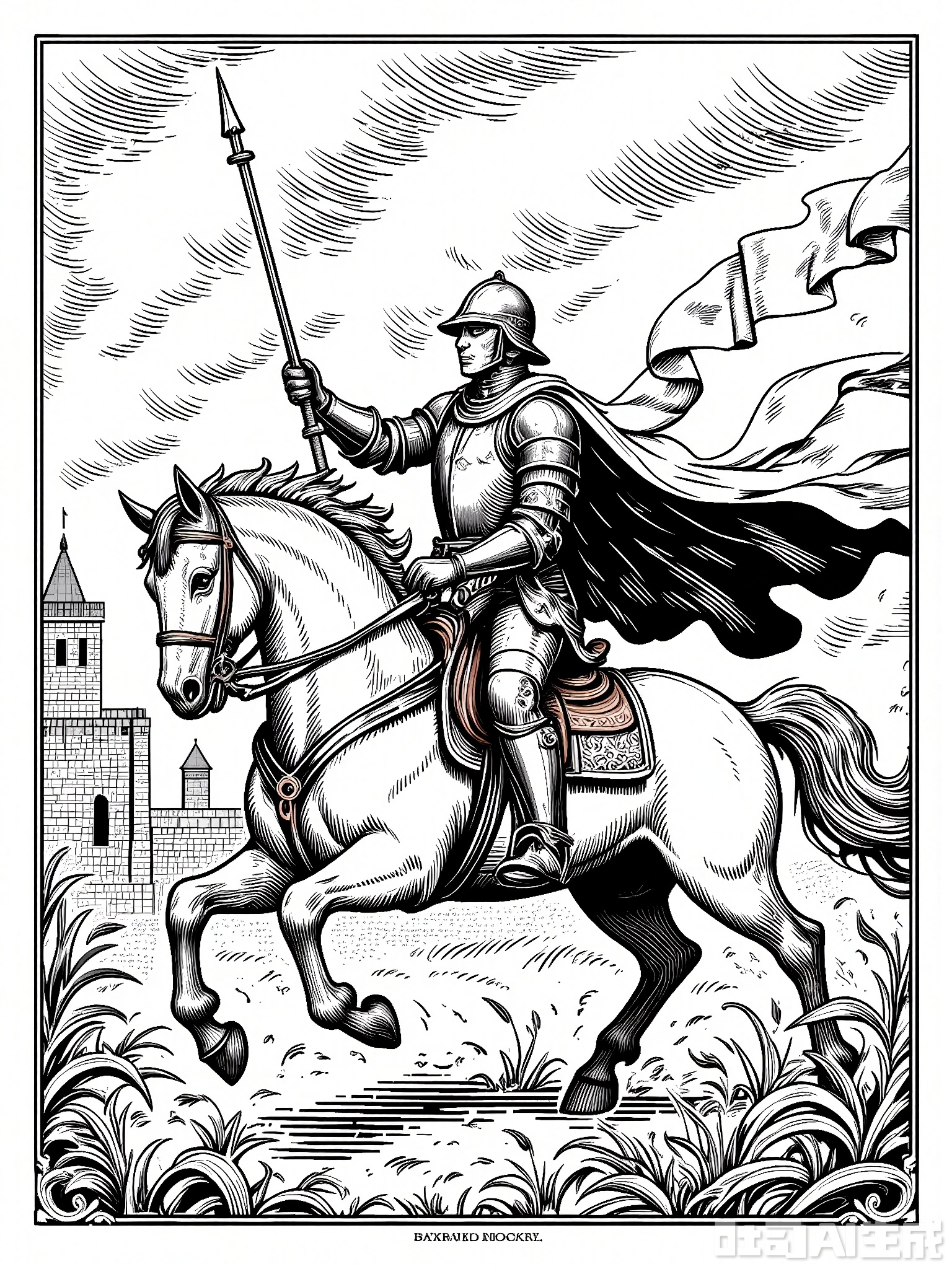 BSCT, Vintage illustration of a knight on horseback, clad in shining armor and a flowing cape, wielding a lance. The knight is shown in a charging pose, galloping through a medieval battlefield. The background features a stylized castle and banners fluttering in the wind. The style echoes classic heraldic illustrations, with detailed line work and bold contrasts.
