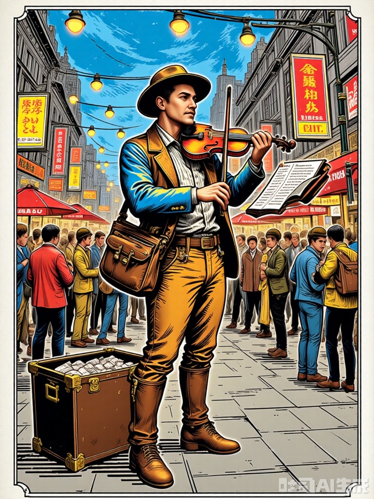 BSCT, Vintage illustration of a street musician playing a violin on a bustling corner, dressed in a colorful outfit and a hat, with a open case for tips. The musician is depicted with passion, lost in the melody amidst a crowd of onlookers. The background features a stylized cityscape and twinkling lights. The style is reminiscent of old urban posters, with lively line work and vibrant hues.
