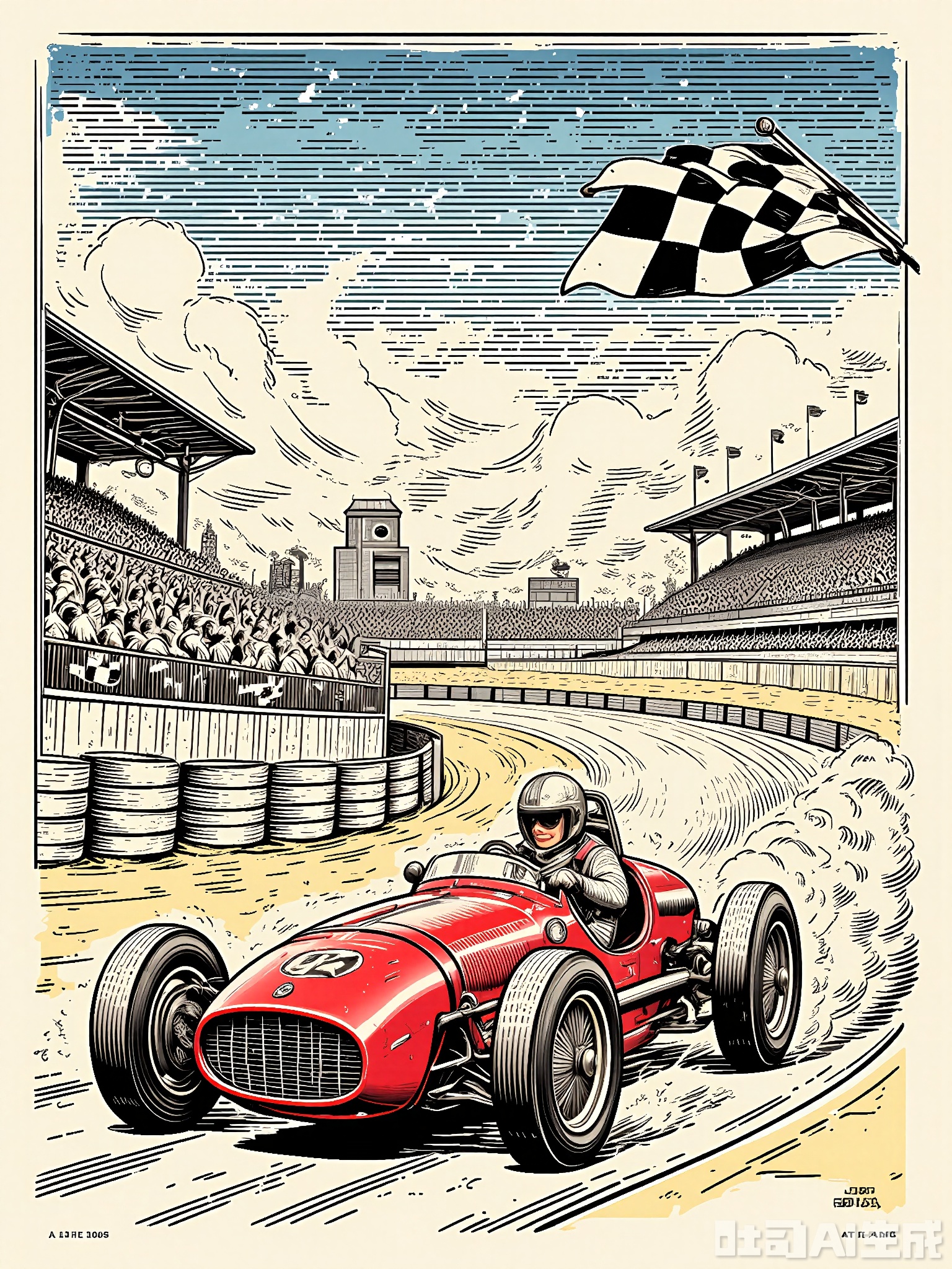 BSCT, Vintage illustration of a race car driver behind the wheel, wearing a helmet and goggles, gripping the steering wheel tightly. The car is depicted speeding along a winding track, with dust trailing behind. The background features a stylizized checkered flag and a grandstand filled with spectators. The style is reminiscent of old auto racing posters, with dynamic line work and bold colors.
