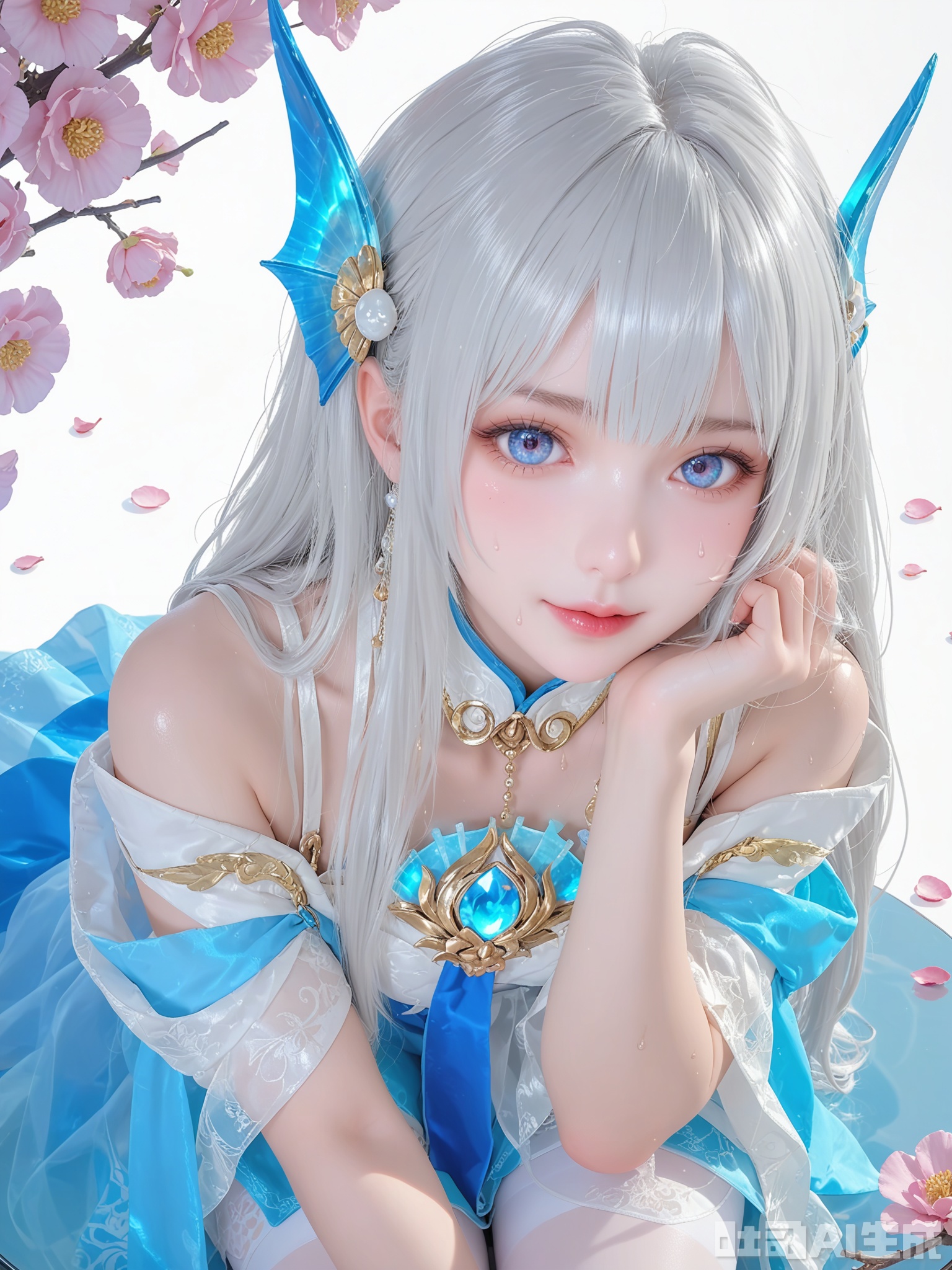 score_9,score_8_up,score_7_up,source_cartoon,source_anime,1girl,looking_at_viewer,realistic,1girl,Vivid Colors,bright environment,delicate water,hair_ornament,shiny skin,shiny hair,reflection,dress,falling petals,extreme detail description,(upper body:0.3),put one hand on your chest,long_hair,(skindentation:1.3),bright,sunshine on face,light,sweating,light,glowing,sunshine,bright,reflection,(pale_skin:1.3),white pantyhose,clear background,super high detail background,sitting_down,