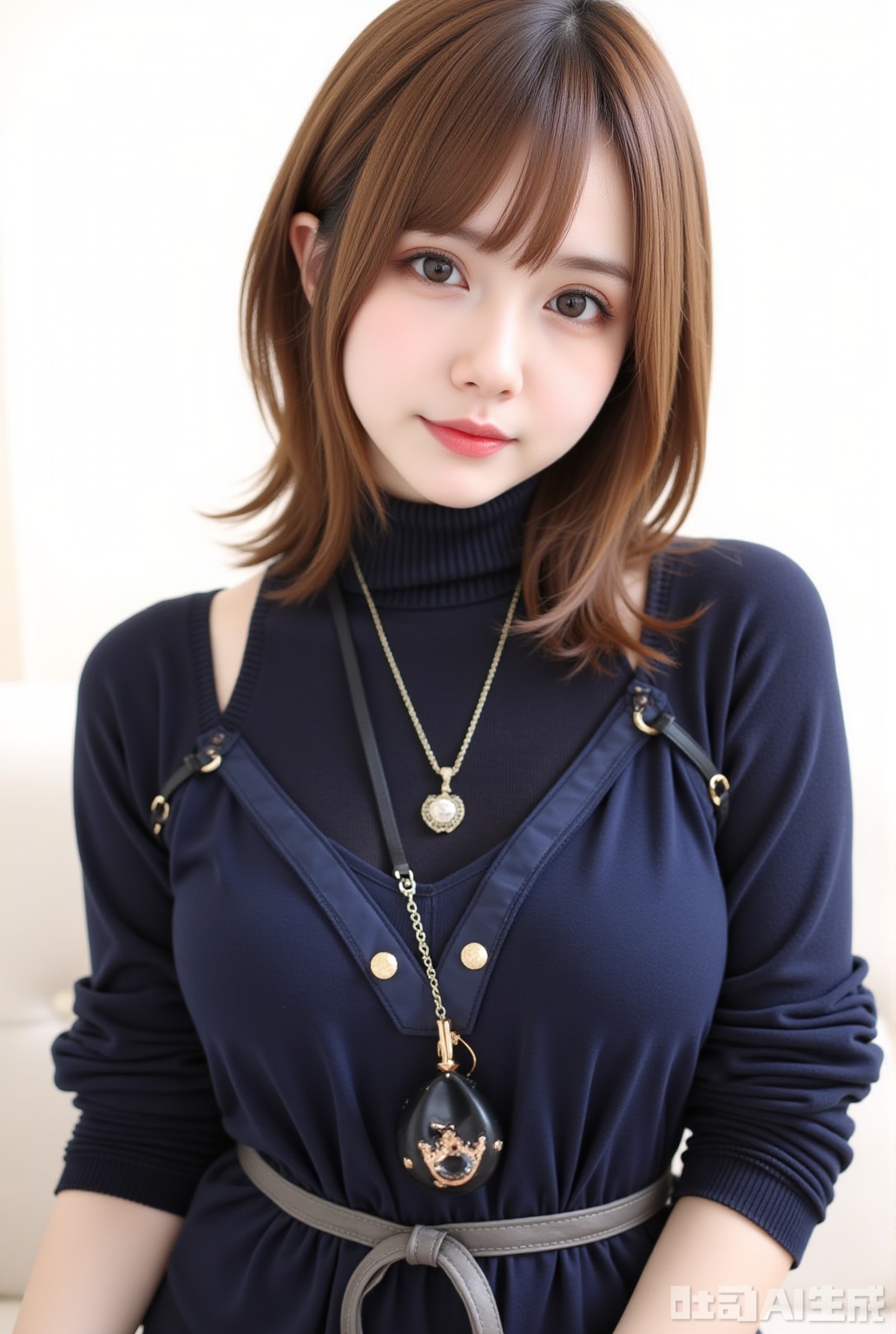 1girl,solo,looking at viewer,short hair,brown hair,dress,jewelry,brown eyes,upper body,necklace,sweater,lips,turtleneck,realistic