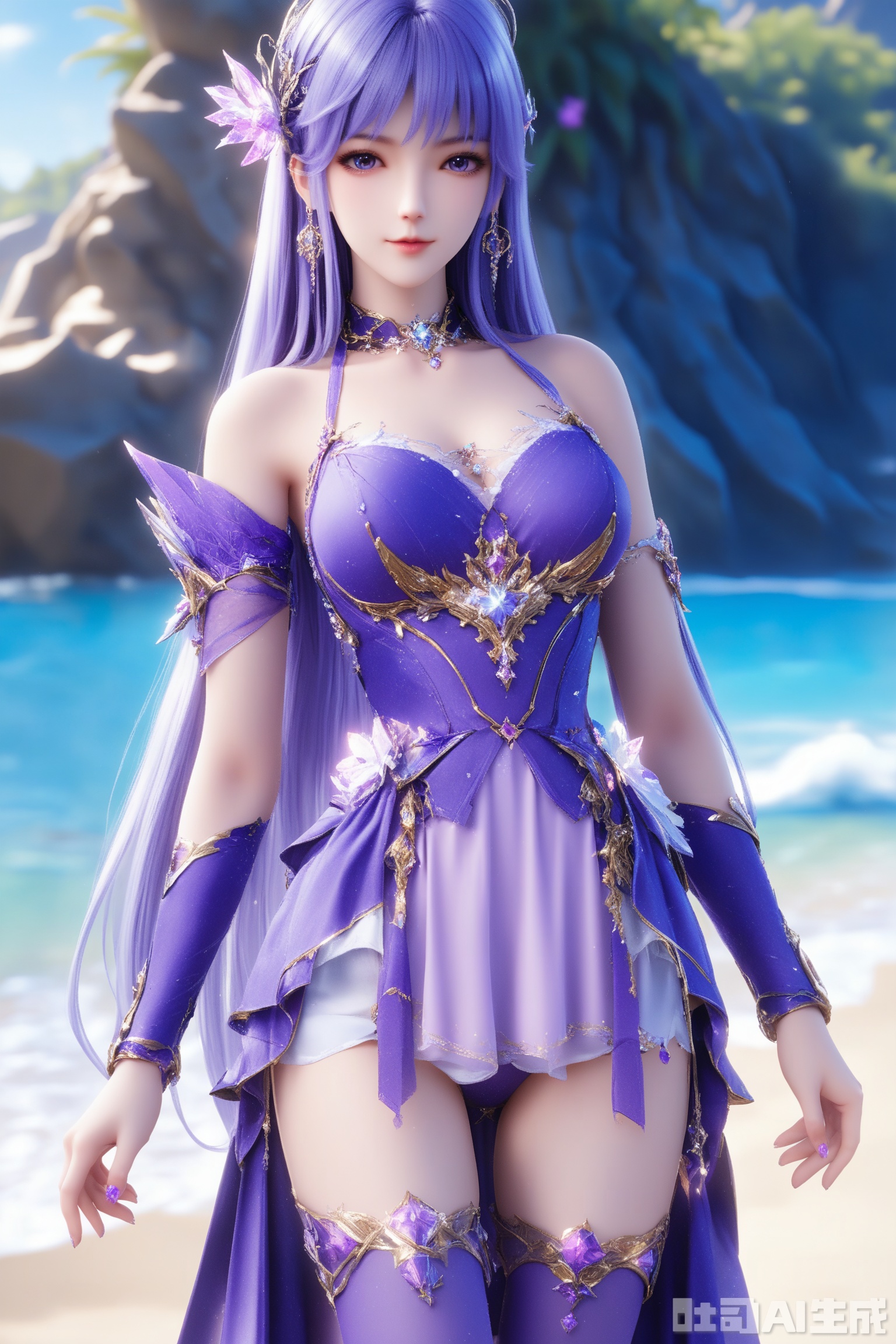 1girl, solo, long hair, breasts, looking at viewer, blue eyes, hair ornament, thighhighs, dress, bare shoulders, jewelry, purple eyes, purple hair, earrings, detached sleeves,purple dress,masterpiece,best quality,official art,extremely detailed CG unity 8k wallpaper,on the beach,on the beach,Thigh exposed,thighhighs,looking at viewer,