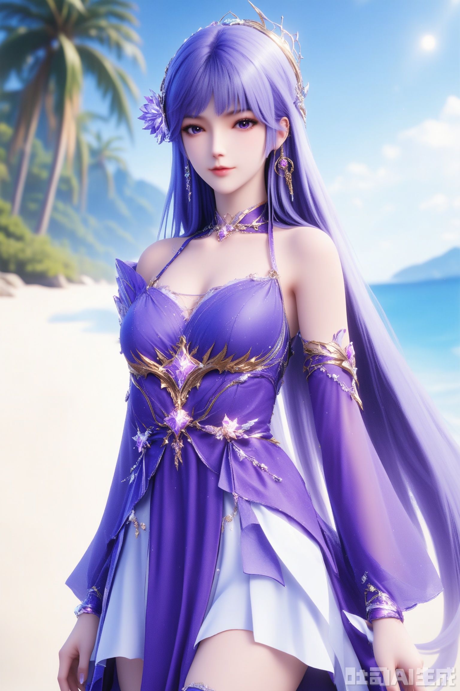 1girl, solo, long hair, breasts, looking at viewer, blue eyes, hair ornament, thighhighs, dress, bare shoulders, jewelry, purple eyes, purple hair, earrings, detached sleeves,purple dress,masterpiece,best quality,official art,extremely detailed CG unity 8k wallpaper,on the beach,on the beach,Thigh exposed,thighhighs,looking at viewer,