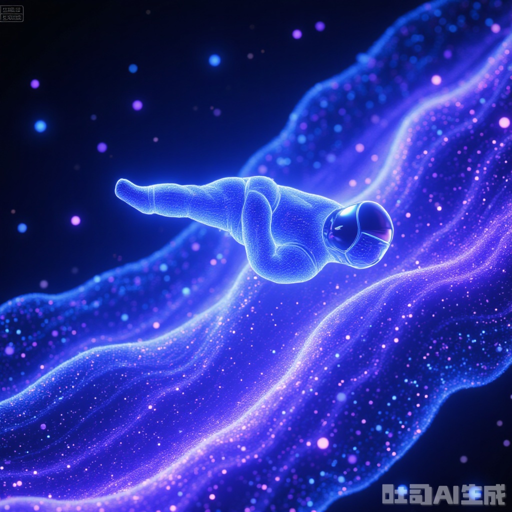 Dots of many blue-violet neon points outline the contour of an astronaut floating in a neon-dotted wave, close-up, with graininess, thickness, clear details, dark background, transparency, trailing shadows, ethereal, beautiful, high-definition, light and shadow particles illustration. A highly visually impactful poster, beautiful wallpaper.. On one side of the studio,there is an advanced virtual reality simulation room where designers wear VR devices and experience the usage effects of products in different scenarios through ultra-realistic product simulation programs driven by AI,providing a basis for optimizing product design. The entire scene is immersed in an environment filled with technological lighting,creating an efficient and highly creative atmosphere of AI-assisted product innovation design,as if from a science fiction movie.,,"Holographic"
