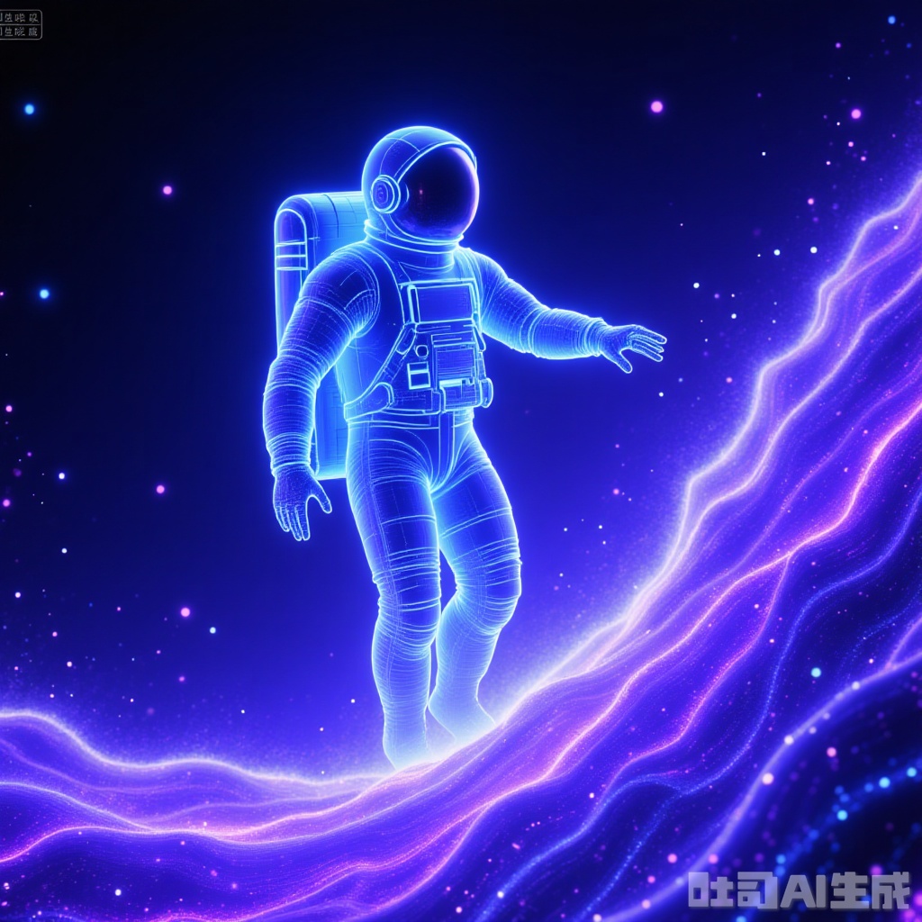 Dots of many blue-violet neon points outline the contour of an astronaut floating in a neon-dotted wave, close-up, with graininess, thickness, clear details, dark background, transparency, trailing shadows, ethereal, beautiful, high-definition, light and shadow particles illustration. A highly visually impactful poster, beautiful wallpaper..,,"Holographic"