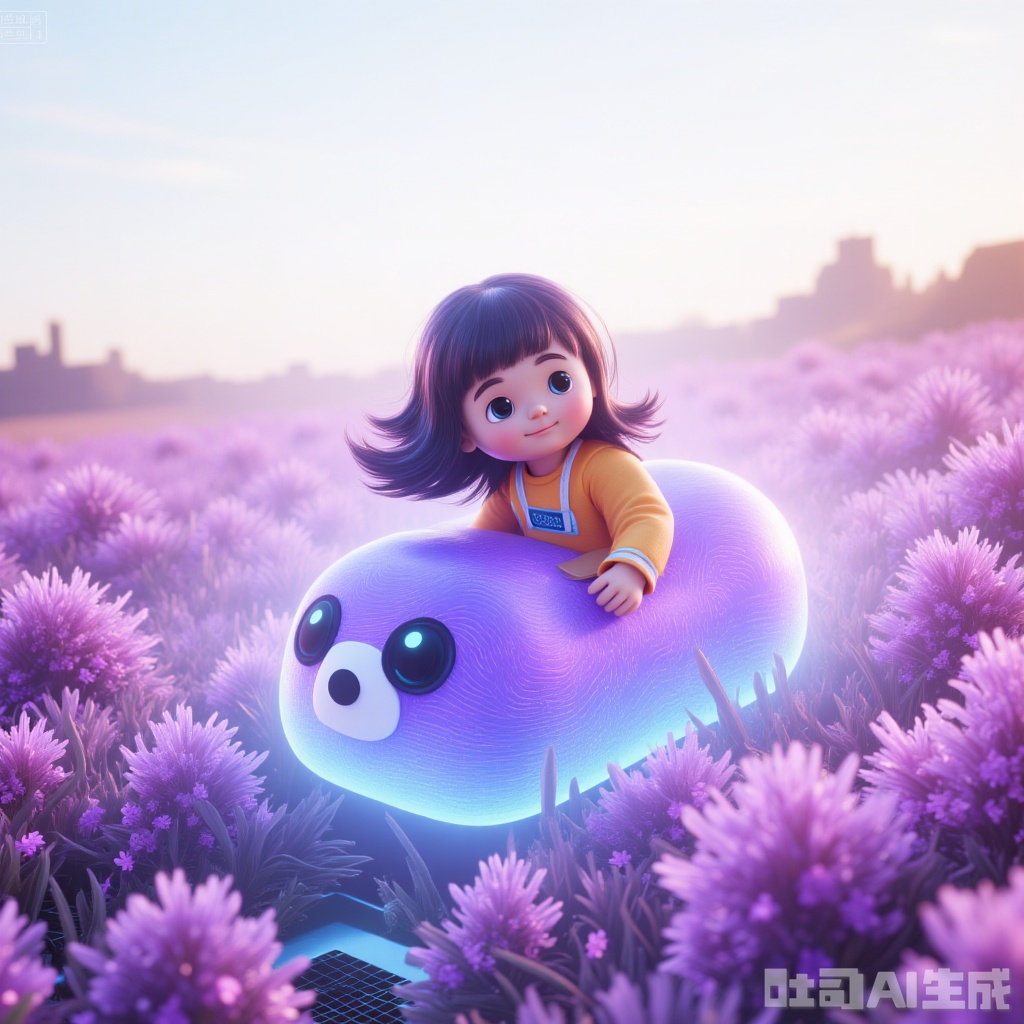 minigirl riding a panda in the flower field, happy,oversized flowers,paleColor,"Holographic"