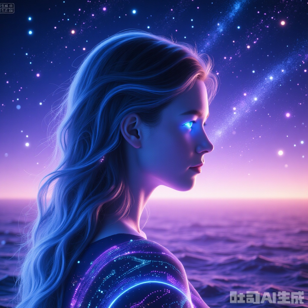  1 girl, lovely, long hair, closeup, portrait, upper body, face from left side, on the sea, under the starry sky, the sea reflects the starry sky, rainbow color light reflected on the girl's face, sparkling lights, magical atmosphere, pointillism, Silhouette view, Cosmic wonders, Mysterious and colorful, nebula light, cosmic light, galactic light, Astronomical view, Macroscopic perspective, perspective view, masterpiece,"Holographic"